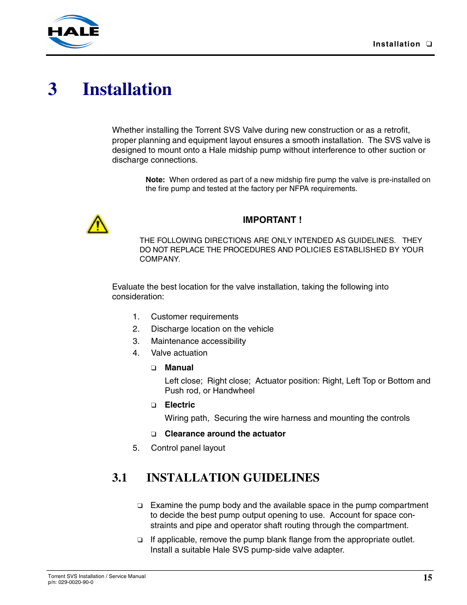 3 installation, 1 installation guidelines, Installation | Installation guidelines, 3installation | Hale Torrent SVS Stainless Steel Valves User Manual | Page 15 / 100