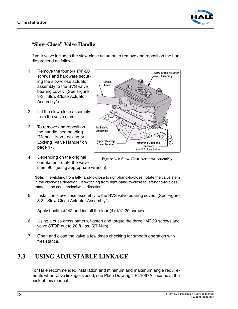 Slow-close” valve handle, Figure 3-3: slow-close actuator assembly, 3 using adjustable linkage | Using adjustable linkage | Hale Torrent SVS Stainless Steel Valves User Manual | Page 18 / 100
