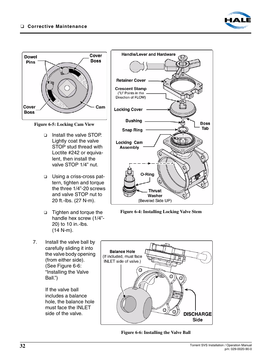 Figure 6-4: installing locking valve stem, Figure 6-5: locking cam view, Figure 6-6: installing the valve ball | See figure 6-4: “installing | Hale Torrent SVS Stainless Steel Valves User Manual | Page 32 / 100
