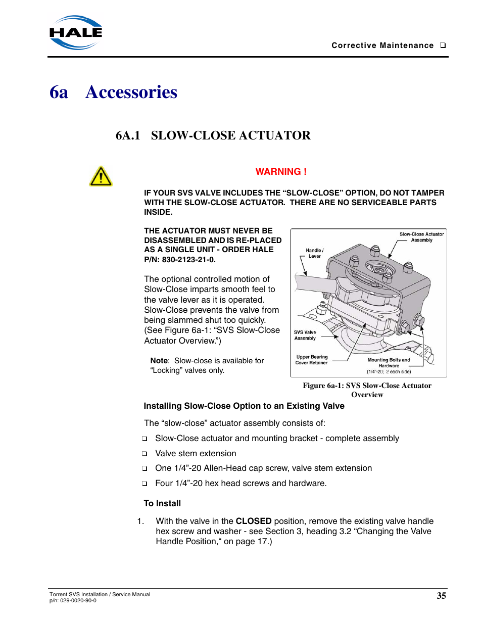6a accessories, 6a.1 slow-close actuator, Figure 6a-1: svs slow-close actuator overview | Installing slow-close option to an existing valve, To install | Hale Torrent SVS Stainless Steel Valves User Manual | Page 35 / 100