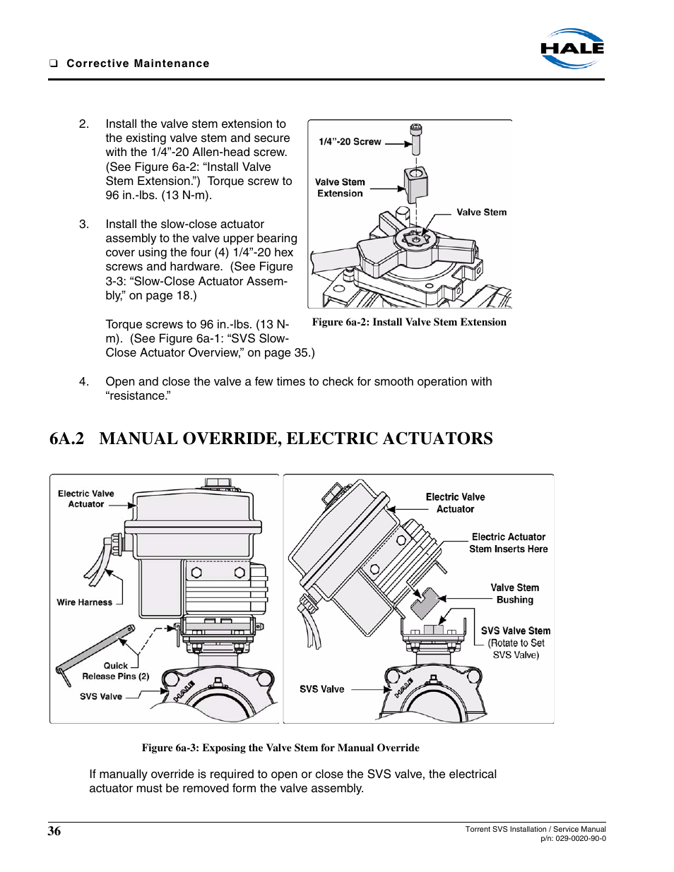 Figure 6a-2: install valve stem extension, 6a.2 manual override, electric actuators | Hale Torrent SVS Stainless Steel Valves User Manual | Page 36 / 100