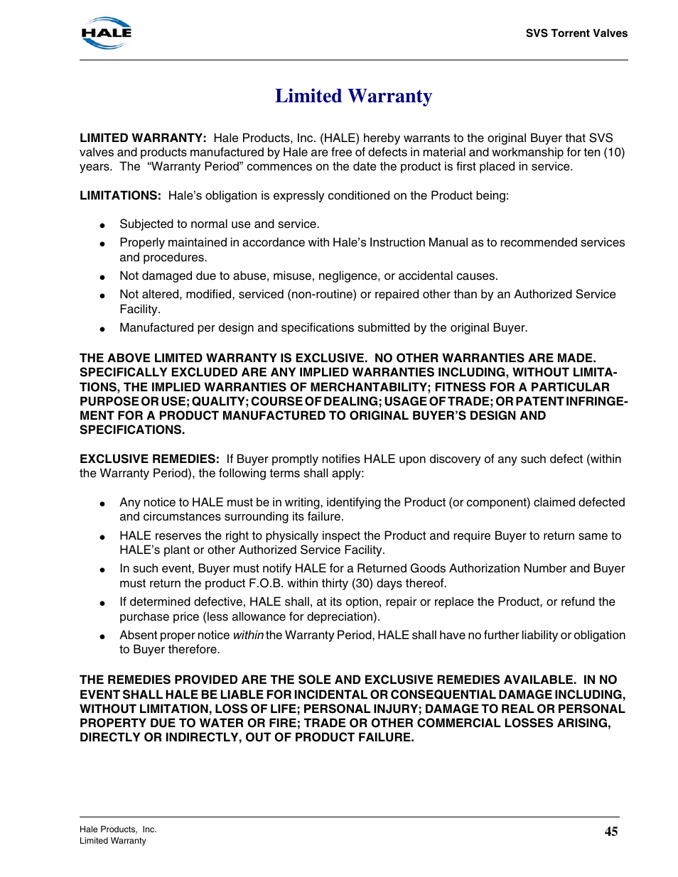 Limited warranty | Hale Torrent SVS Stainless Steel Valves User Manual | Page 45 / 100