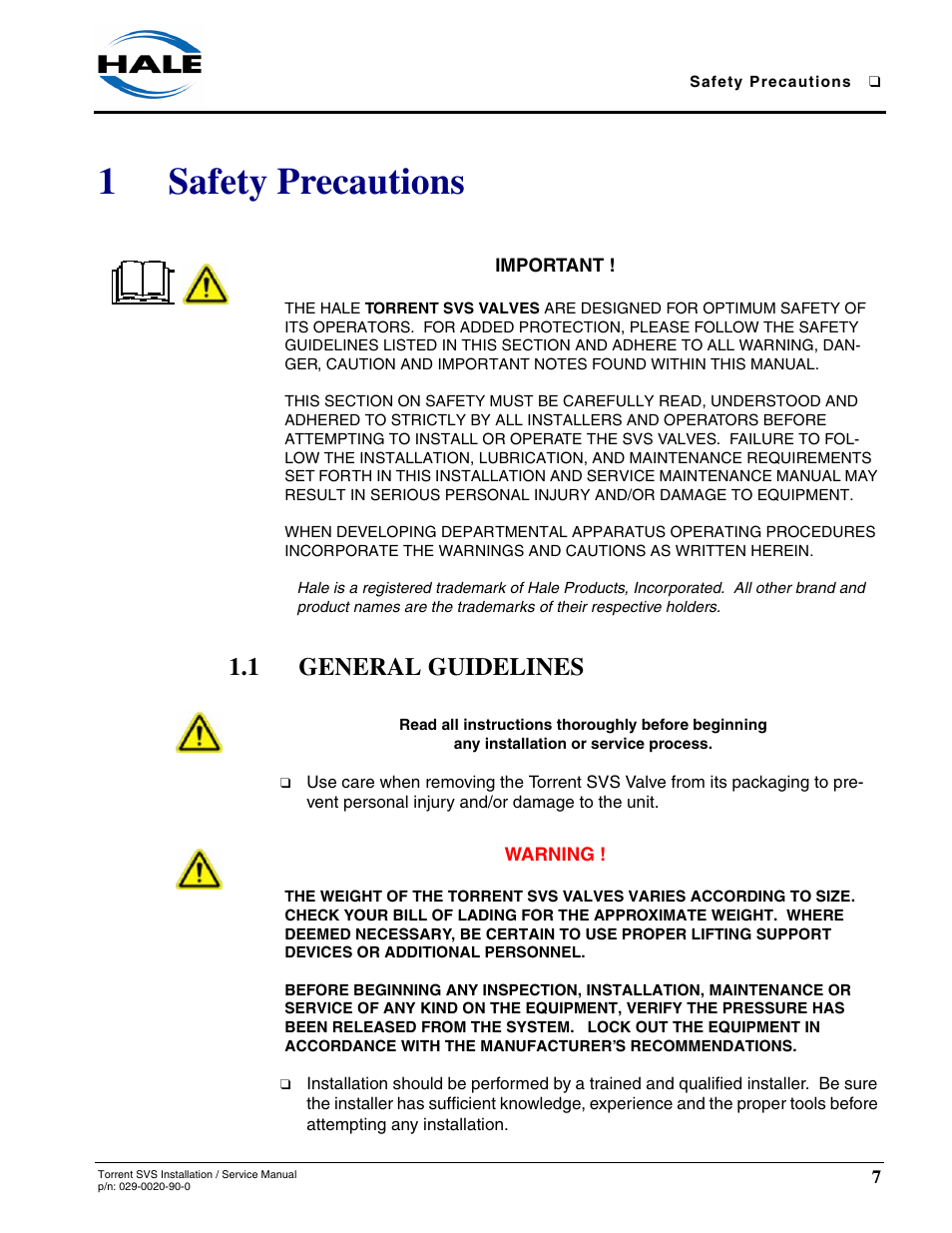 1 safety precautions, 1 general guidelines, Safety precautions | General guidelines, 1safety precautions | Hale Torrent SVS Stainless Steel Valves User Manual | Page 7 / 100