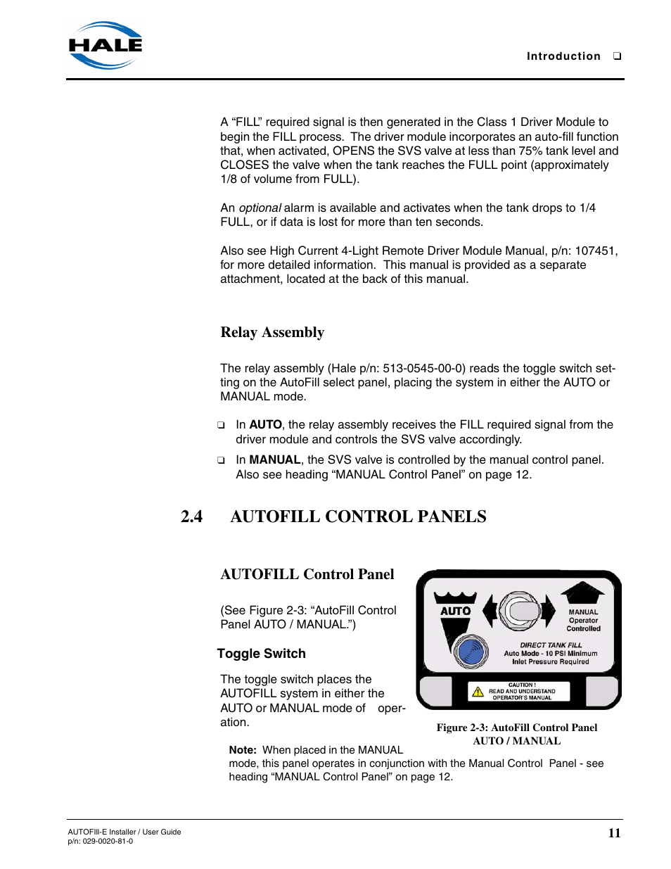 Relay assembly, 4 autofill control panels, Autofill control panel | Figure 2-3: autofill control panel auto / manual, Toggle switch, Autofill control panels | Hale AutoFill-E Tank Refill Control System User Manual | Page 11 / 55