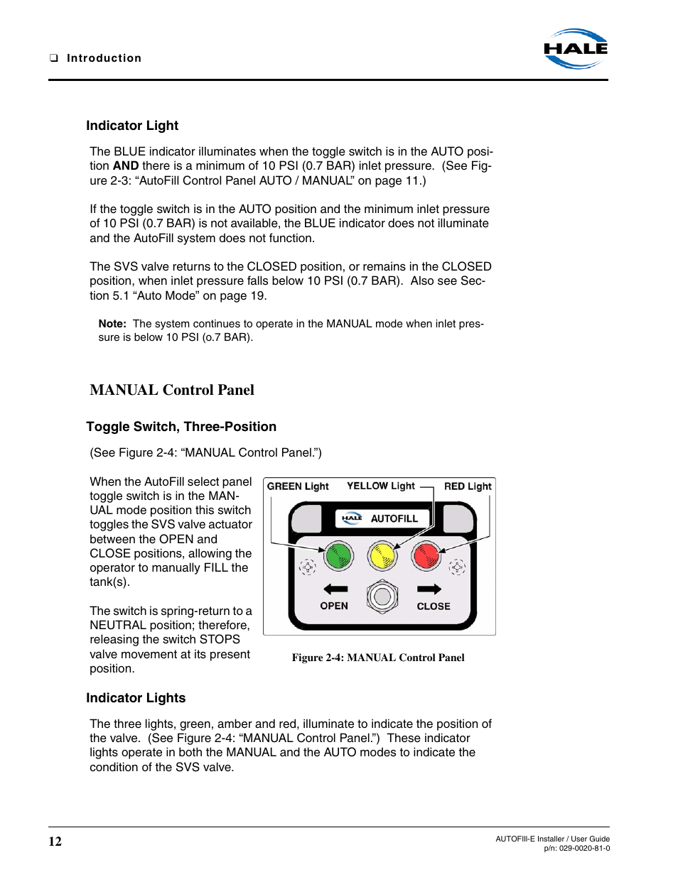 Indicator light, Manual control panel, Toggle switch, three-position | Figure 2-4: manual control panel, Indicator lights | Hale AutoFill-E Tank Refill Control System User Manual | Page 12 / 55