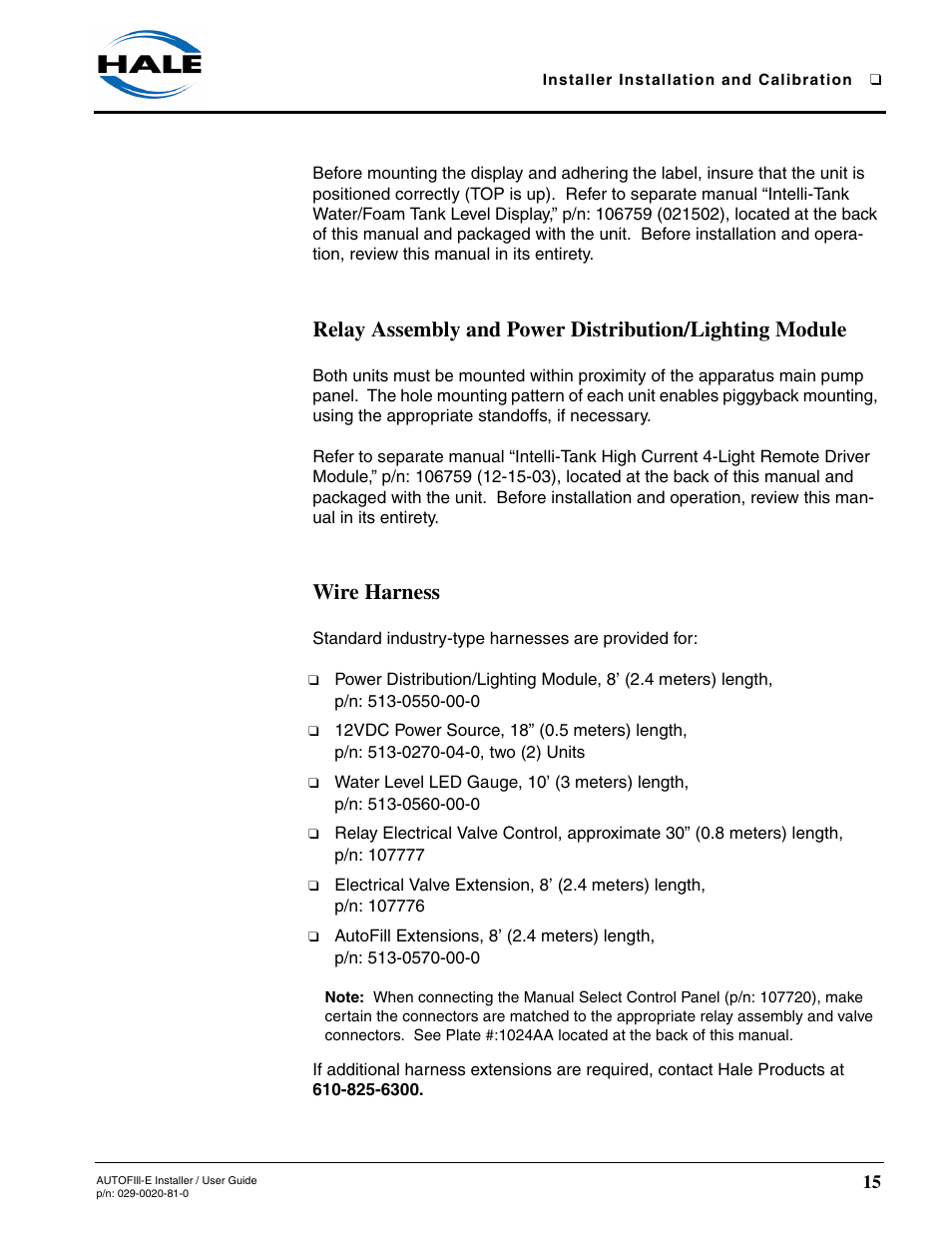 Wire harness | Hale AutoFill-E Tank Refill Control System User Manual | Page 15 / 55