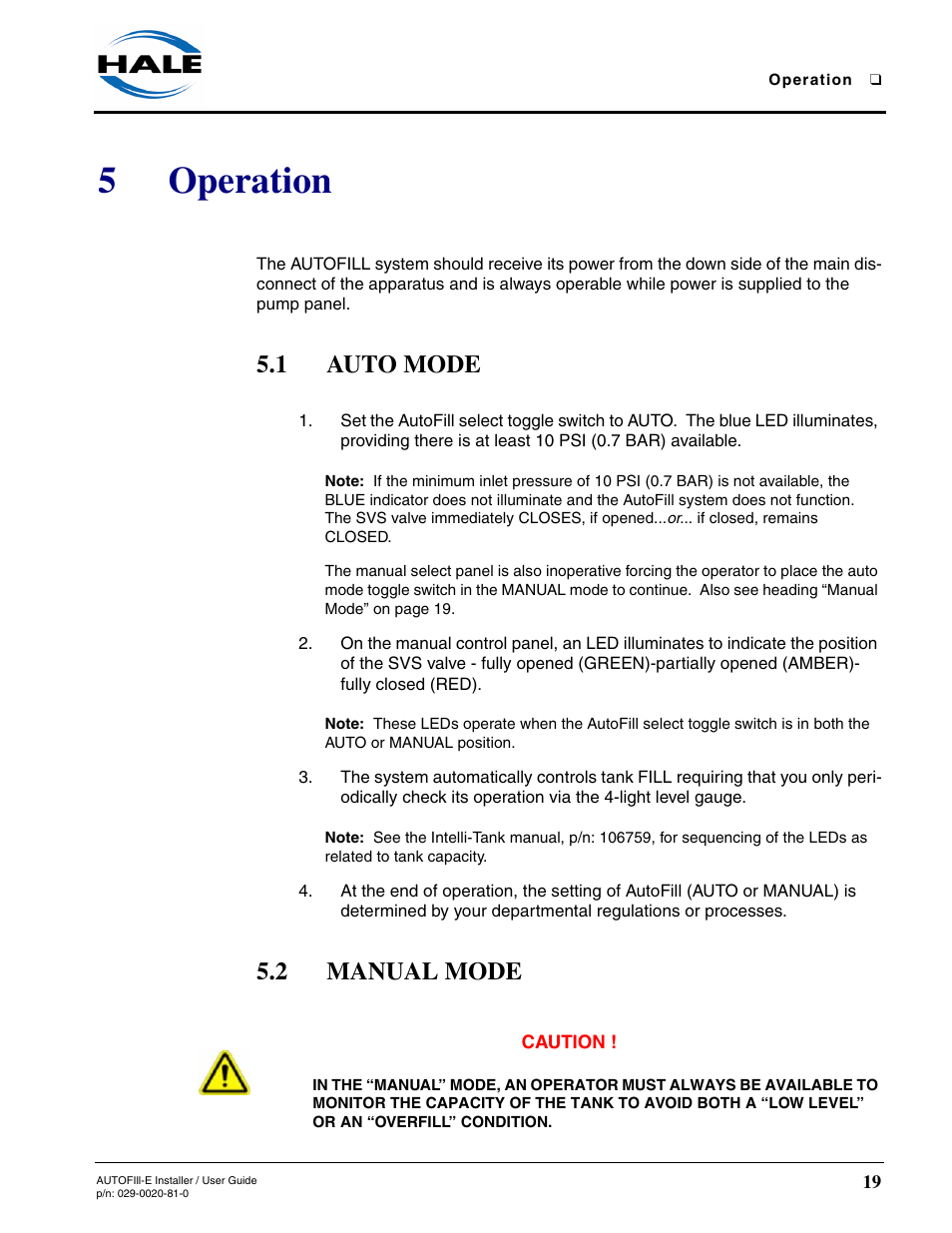 5 operation, 1 auto mode, 2 manual mode | Operation, Auto mode, Manual mode, 5operation | Hale AutoFill-E Tank Refill Control System User Manual | Page 19 / 55