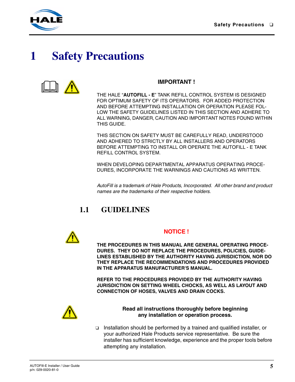 1 safety precautions, 1 guidelines, Safety precautions | Guidelines, 1safety precautions | Hale AutoFill-E Tank Refill Control System User Manual | Page 5 / 55