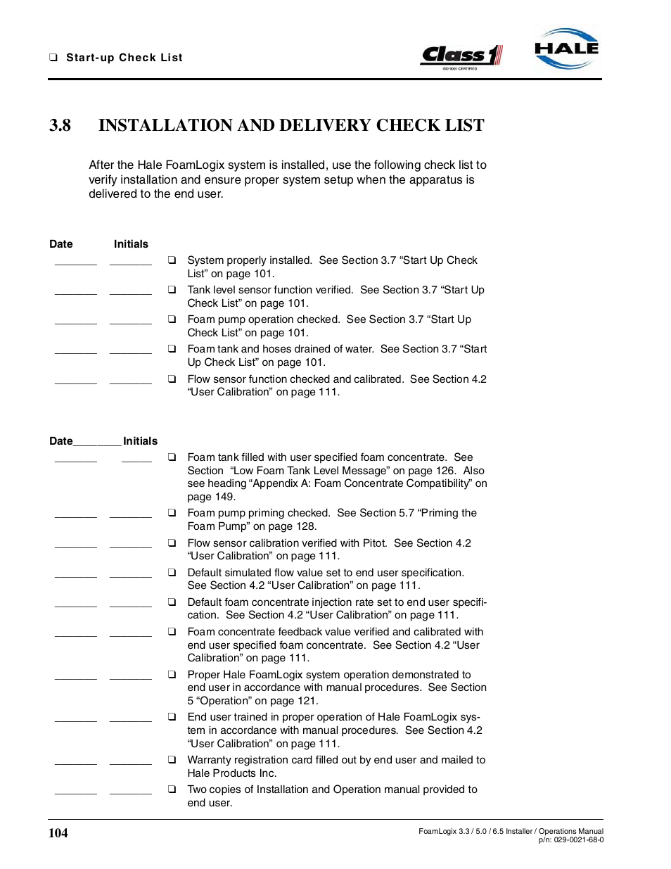 8 installation and delivery check list | Hale FoamLogix 6.5 User Manual | Page 104 / 194