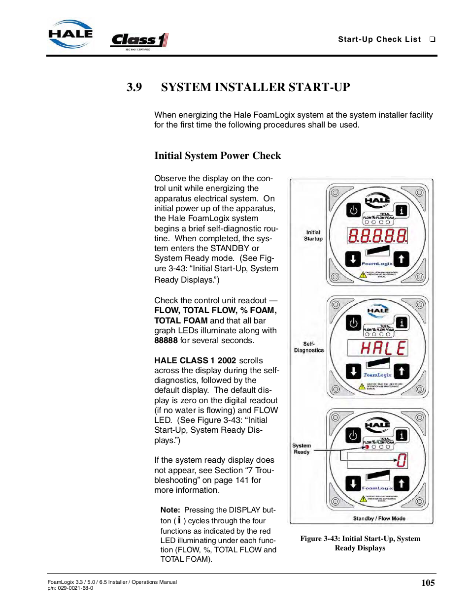 9 system installer start-up, Initial system power check | Hale FoamLogix 6.5 User Manual | Page 105 / 194