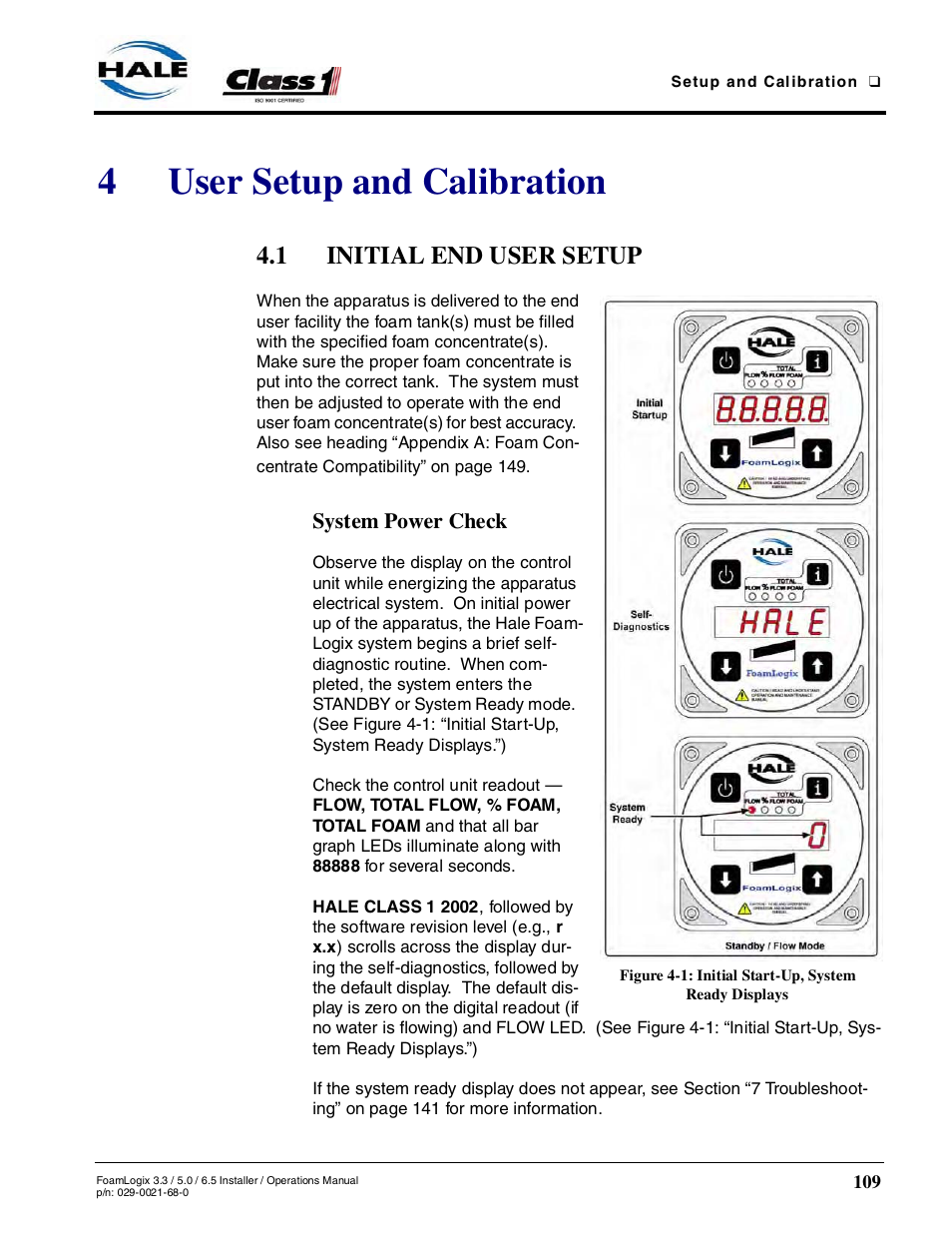 4 user setup and calibration, 1 initial end user setup, System power check | User setup and calibration, 4user setup and calibration | Hale FoamLogix 6.5 User Manual | Page 109 / 194