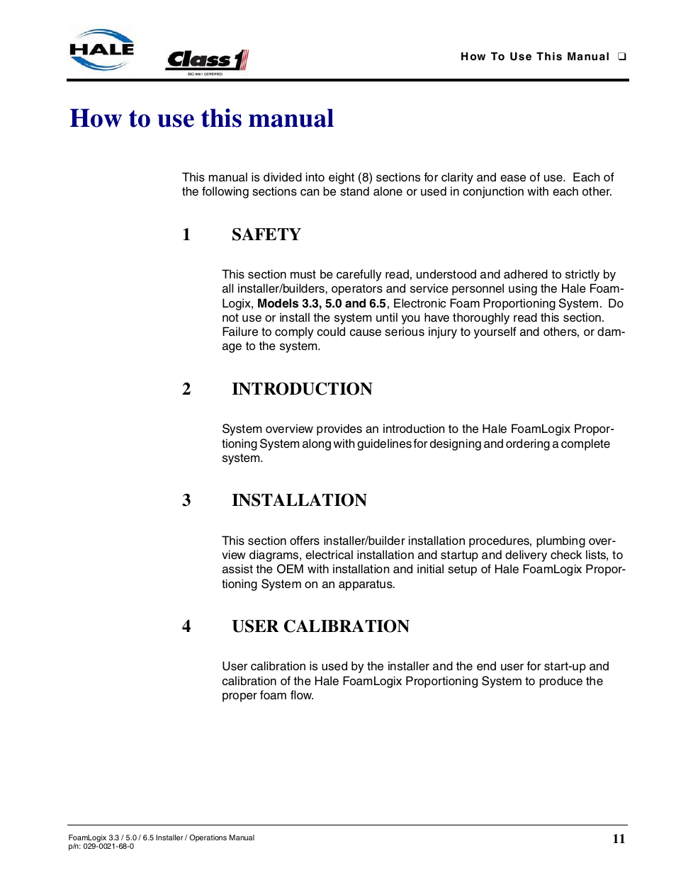 How to use this manual, 1 safety, 2 introduction | 3 installation, 4 user calibration, Foamlogix 3.3 / 5.0 / 6.5 | Hale FoamLogix 6.5 User Manual | Page 11 / 194