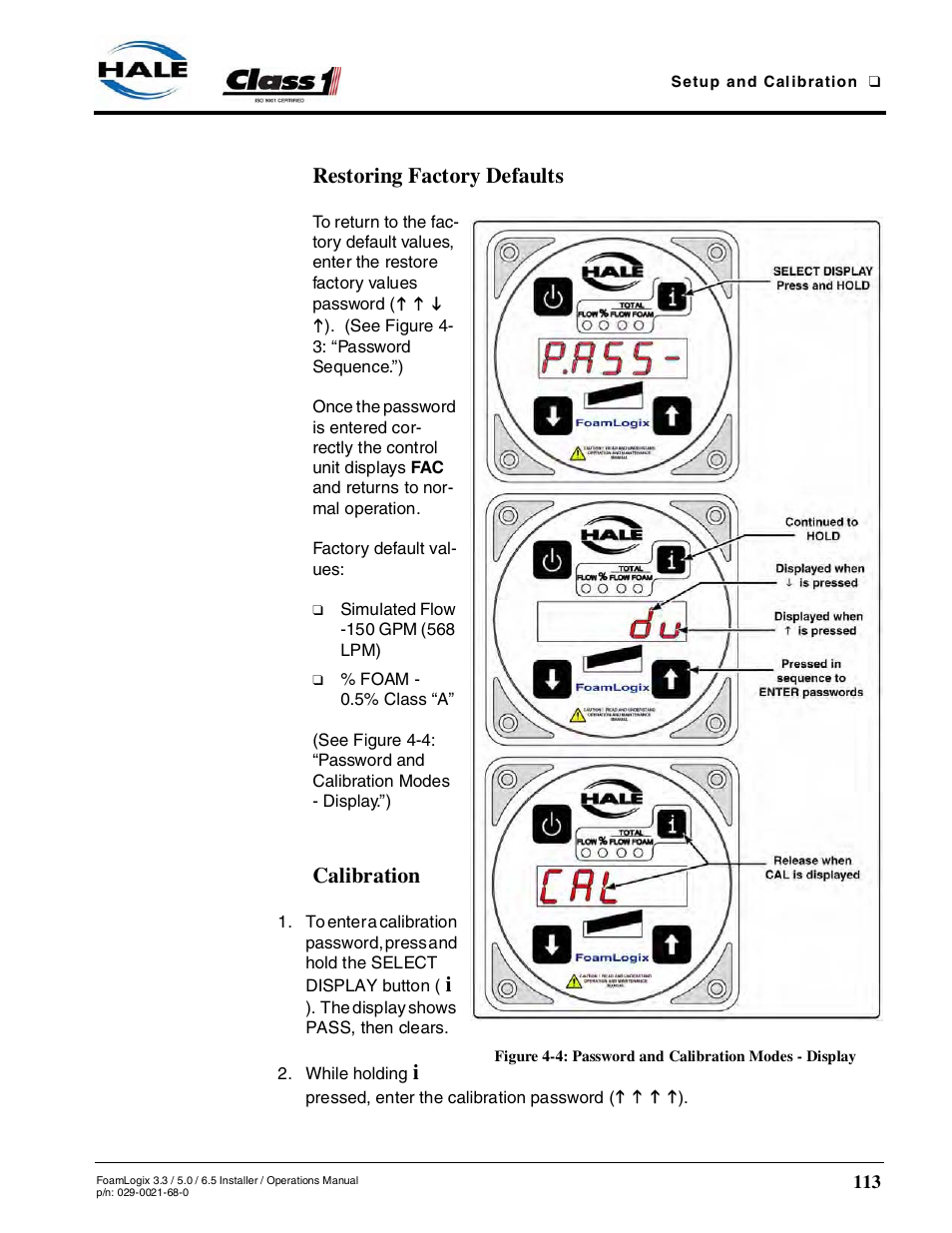 Restoring factory defaults, Calibration | Hale FoamLogix 6.5 User Manual | Page 113 / 194