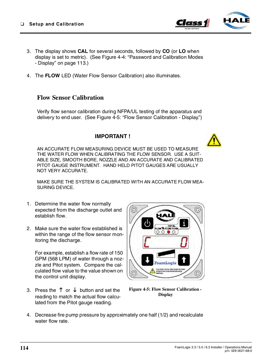 Flow sensor calibration, Figure 4-5: flow sensor calibration - display | Hale FoamLogix 6.5 User Manual | Page 114 / 194
