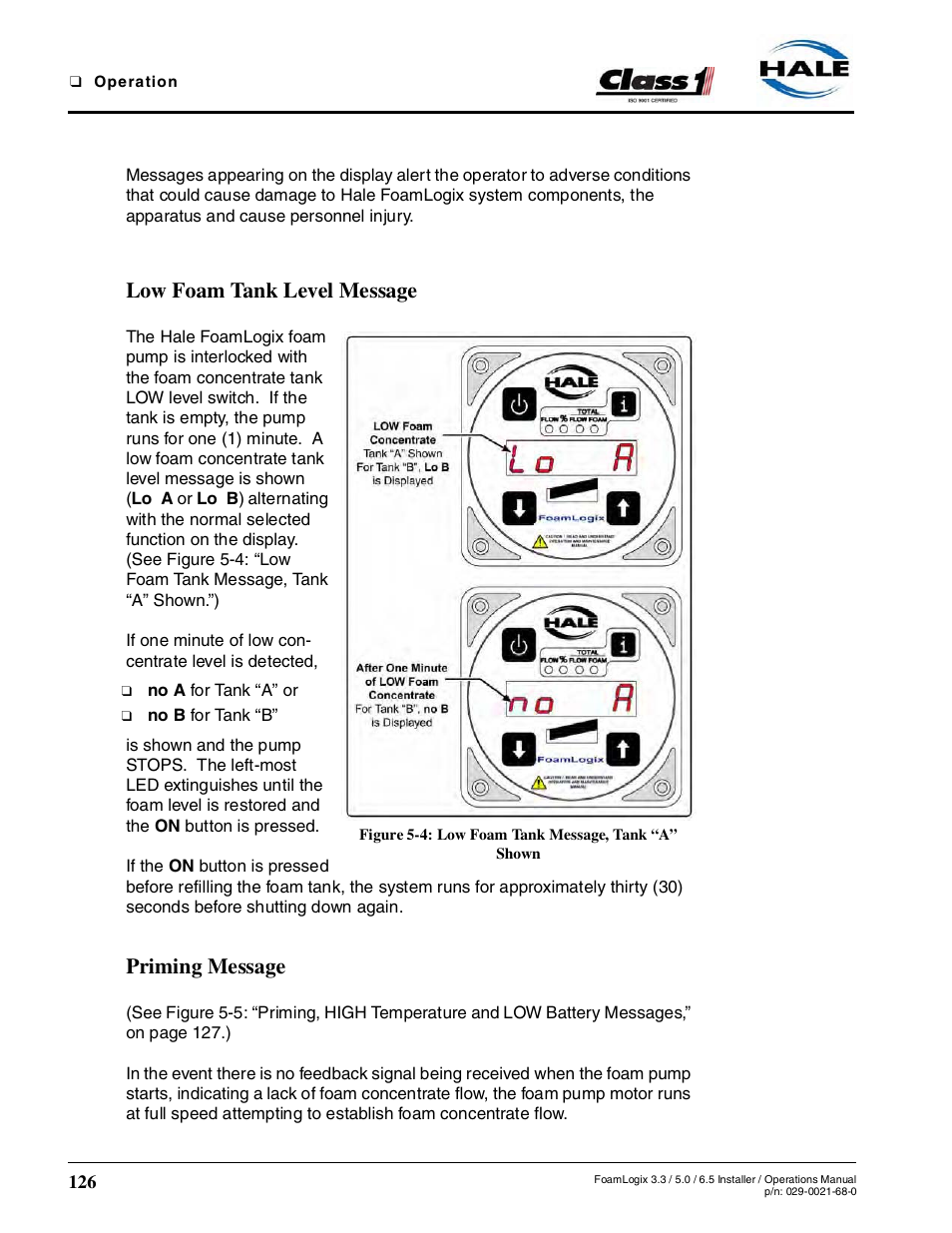 Low foam tank level message, Figure 5-4: low foam tank message, tank “a” shown, Priming message | Hale FoamLogix 6.5 User Manual | Page 126 / 194