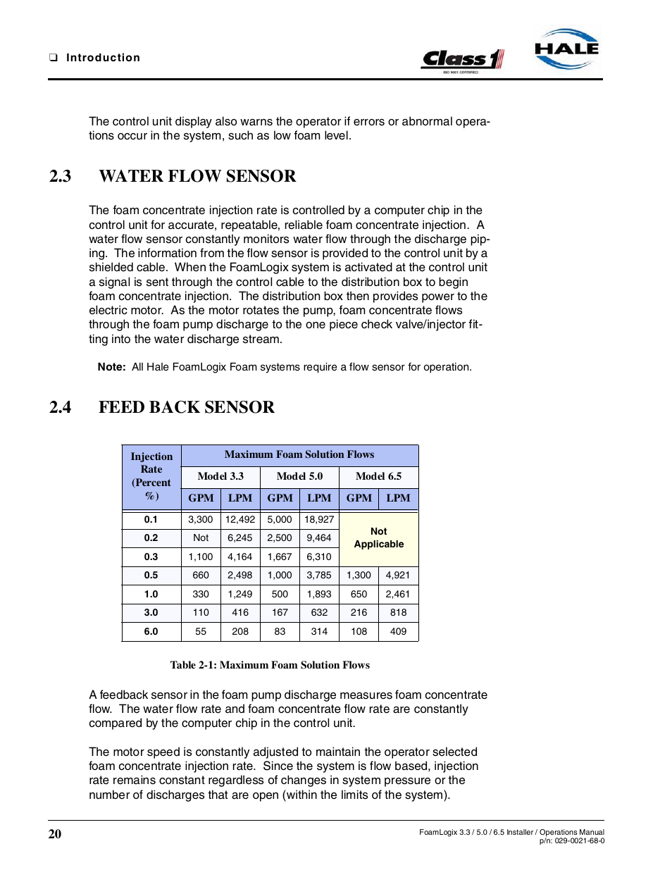 3 water flow sensor, 4 feed back sensor, Table 2-1: maximum foam solution flows | Hale FoamLogix 6.5 User Manual | Page 20 / 194
