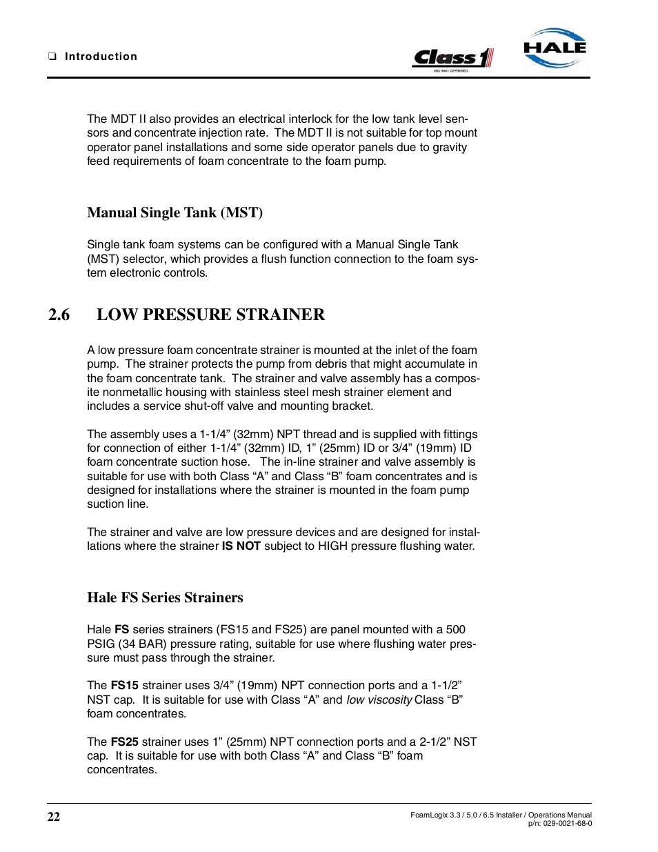 Manual single tank (mst), 6 low pressure strainer, Hale fs series strainers | Hale FoamLogix 6.5 User Manual | Page 22 / 194