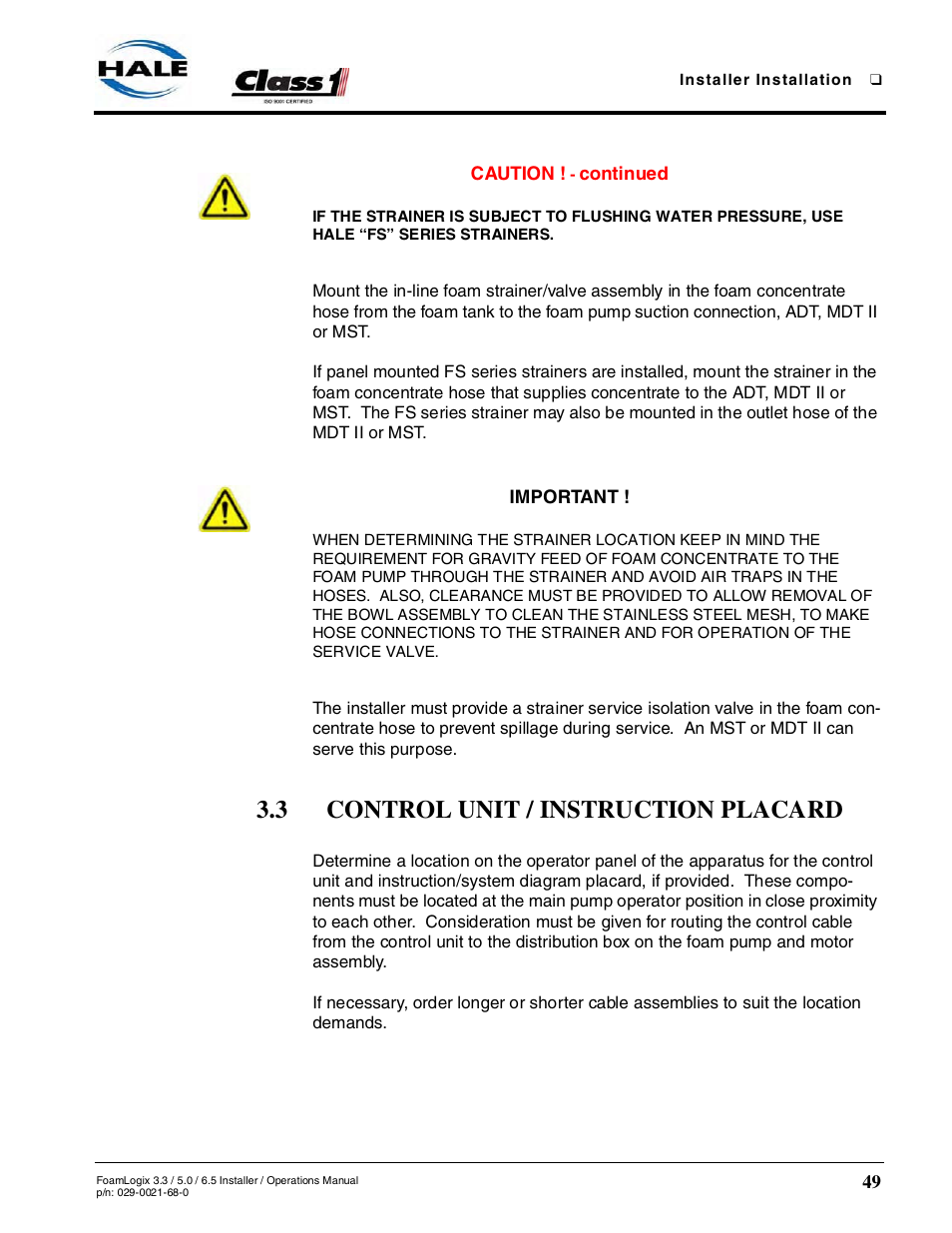 3 control unit / instruction placard | Hale FoamLogix 6.5 User Manual | Page 49 / 194