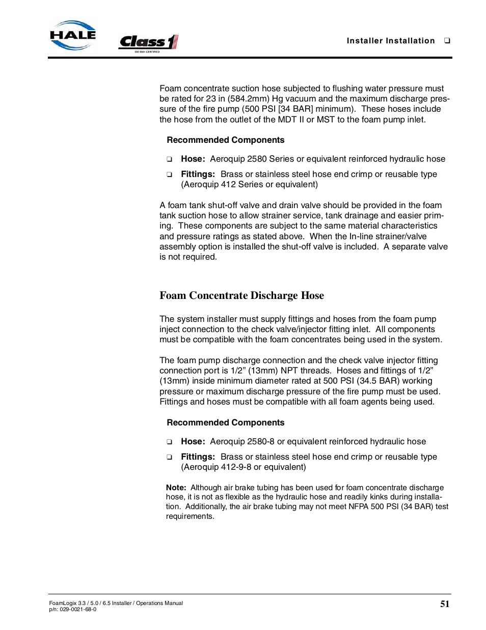 Recommended components, Foam concentrate discharge hose | Hale FoamLogix 6.5 User Manual | Page 51 / 194