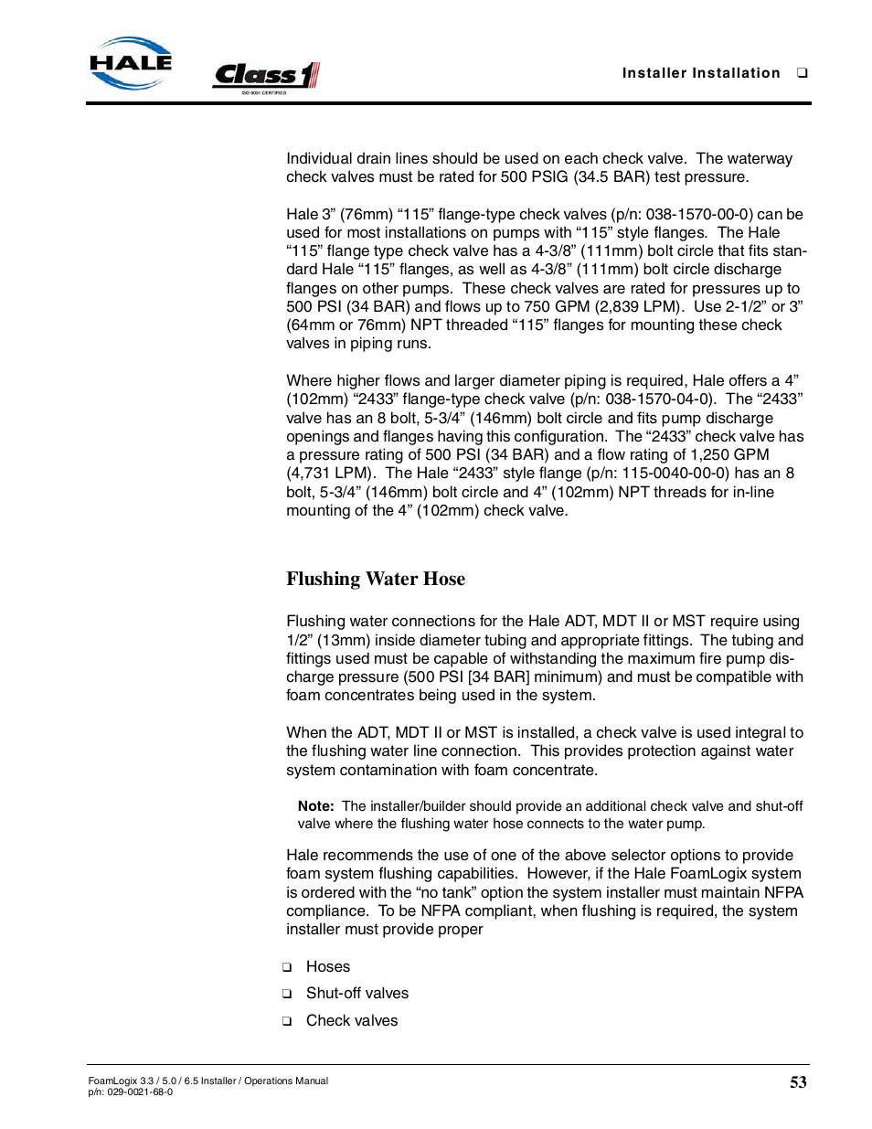 Flushing water hose, 4 installer supplied components - continued | Hale FoamLogix 6.5 User Manual | Page 53 / 194