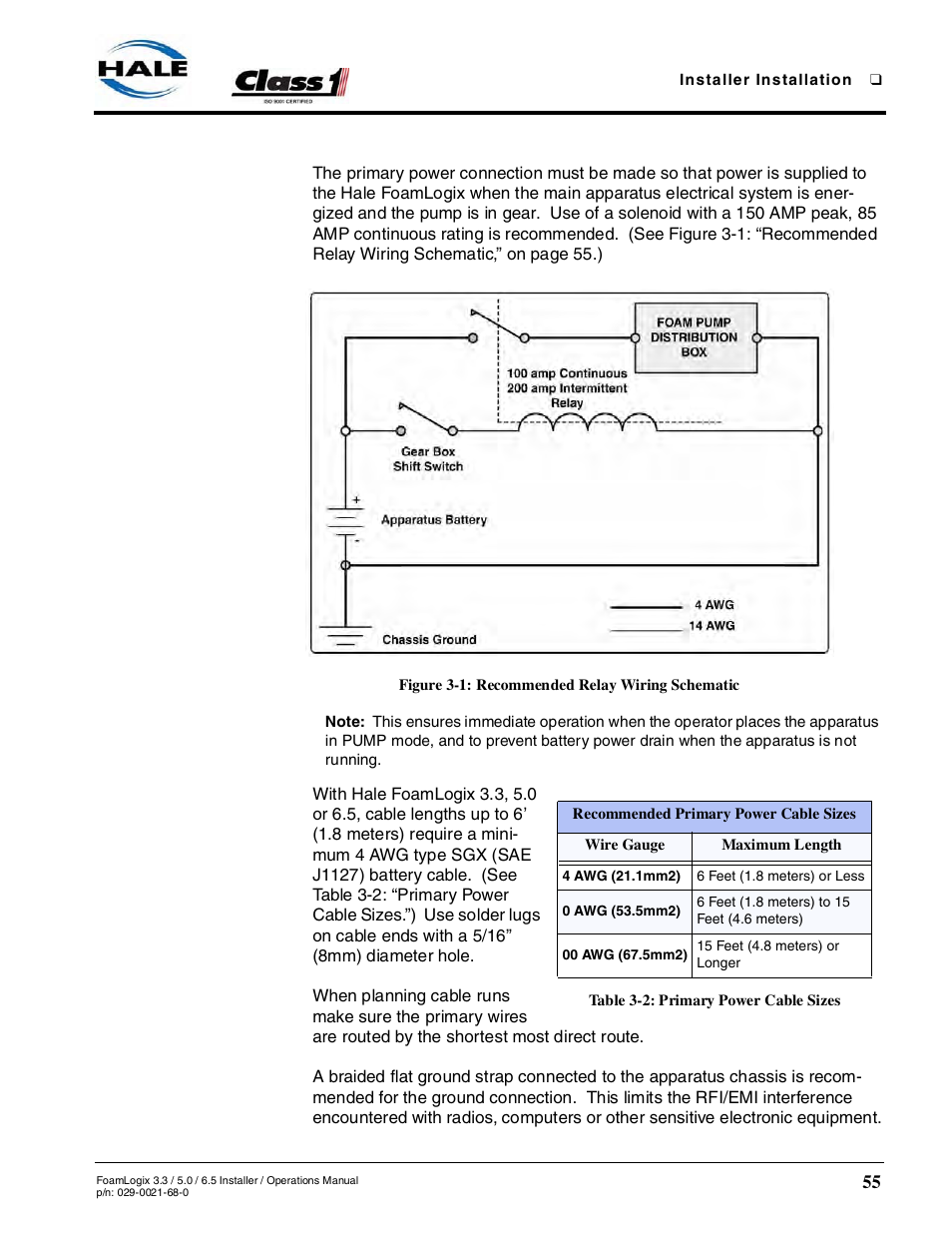 Figure 3-1: recommended relay wiring schematic, Table 3-2: primary power cable sizes | Hale FoamLogix 6.5 User Manual | Page 55 / 194