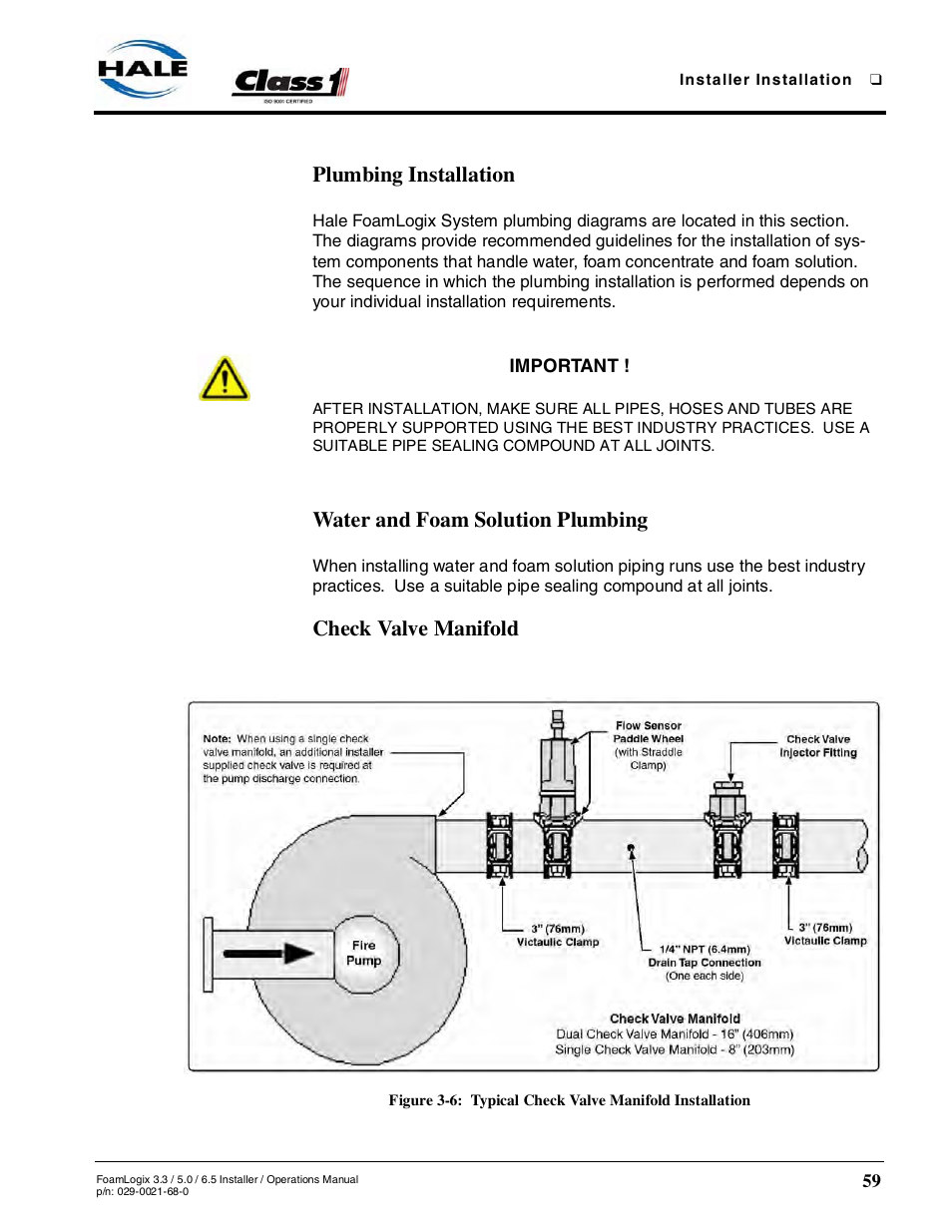 Plumbing installation, Water and foam solution plumbing, Check valve manifold | Hale FoamLogix 6.5 User Manual | Page 59 / 194