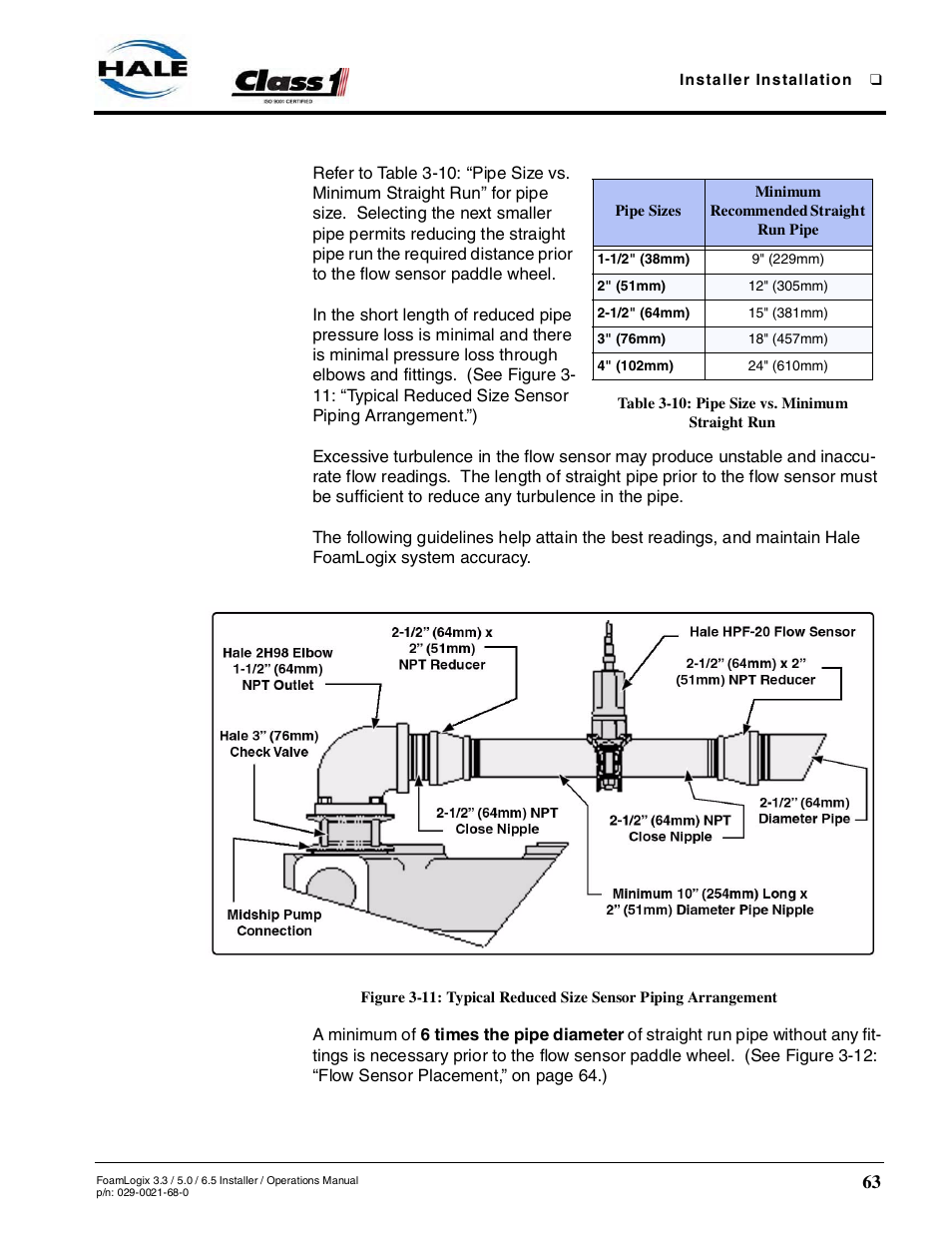 Table 3-10: pipe size vs. minimum straight run | Hale FoamLogix 6.5 User Manual | Page 63 / 194