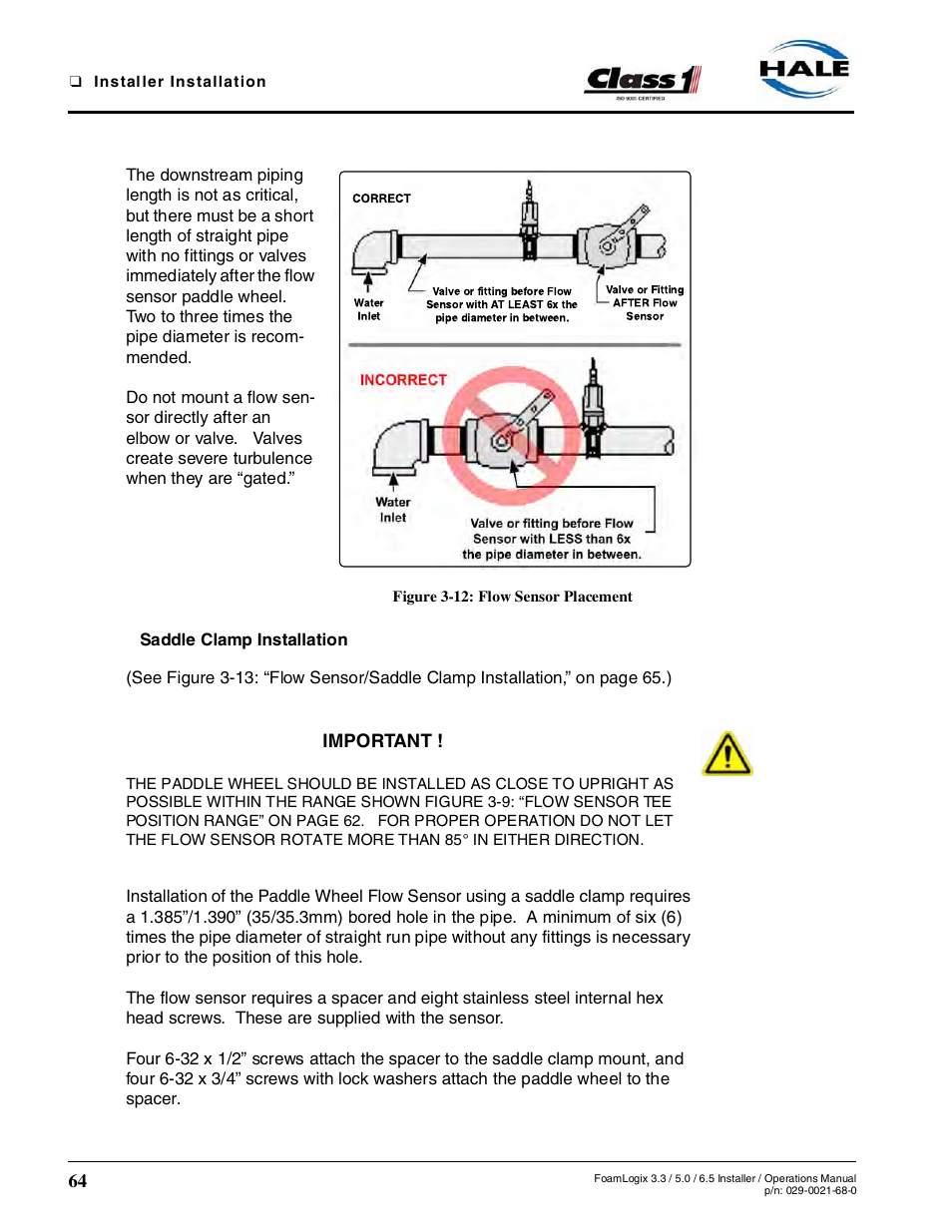 Figure 3-12: flow sensor placement, Saddle clamp installation | Hale FoamLogix 6.5 User Manual | Page 64 / 194