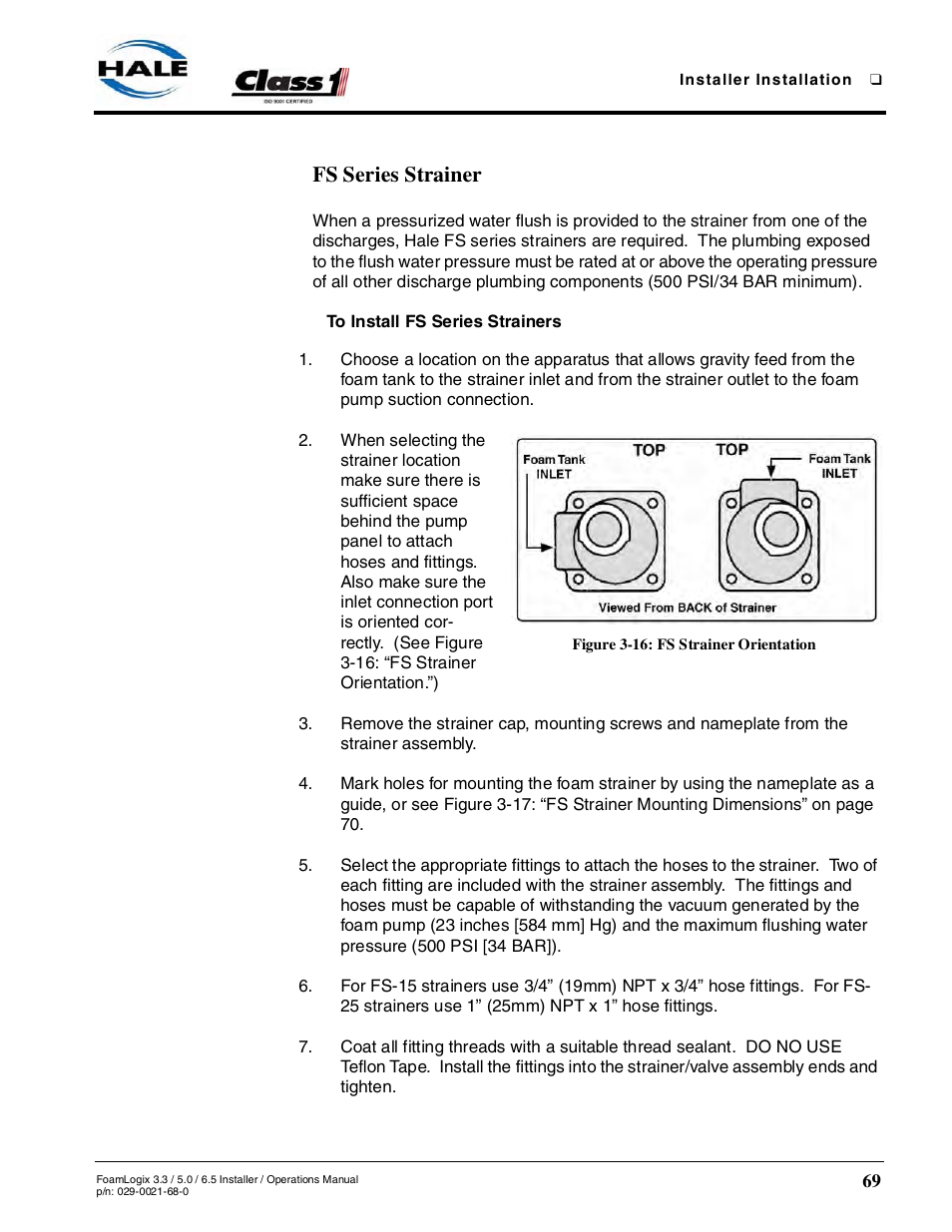 Fs series strainer, To install fs series strainers, Figure 3-16: fs strainer orientation | Hale FoamLogix 6.5 User Manual | Page 69 / 194