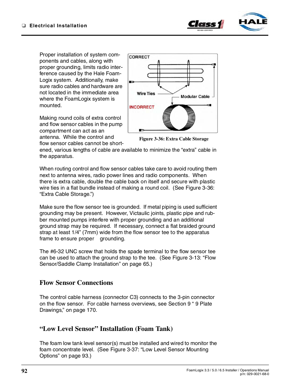 Figure 3-36: extra cable storage, Flow sensor connections, Low level sensor” installation (foam tank) | Hale FoamLogix 6.5 User Manual | Page 92 / 194