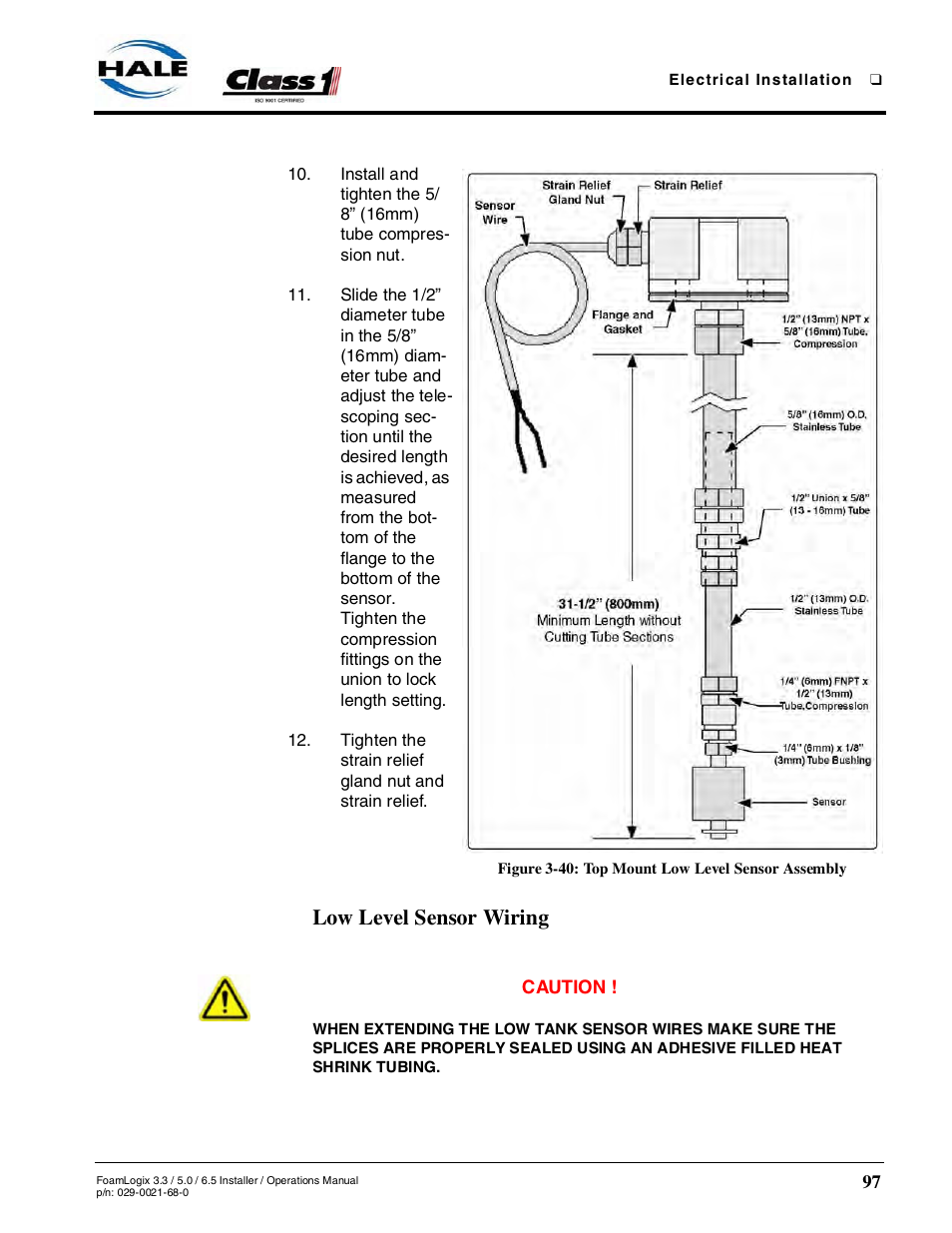 Figure 3-40: top mount low level sensor assembly, Low level sensor wiring, 6 electrical - continued | Hale FoamLogix 6.5 User Manual | Page 97 / 194