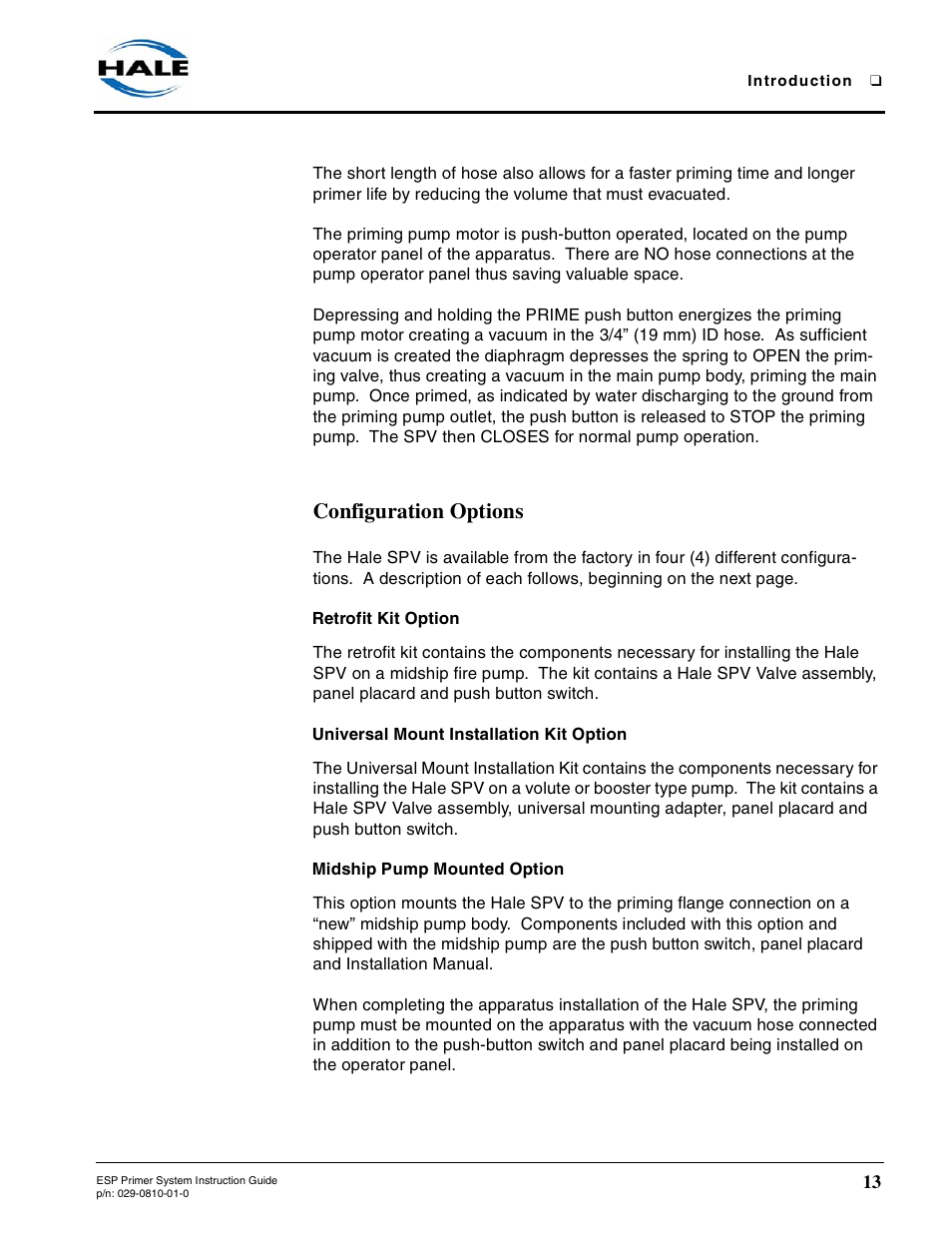 Configuration options, Retrofit kit option, Universal mount installation kit option | Midship pump mounted option | Hale ESP Priming System User Manual | Page 13 / 70