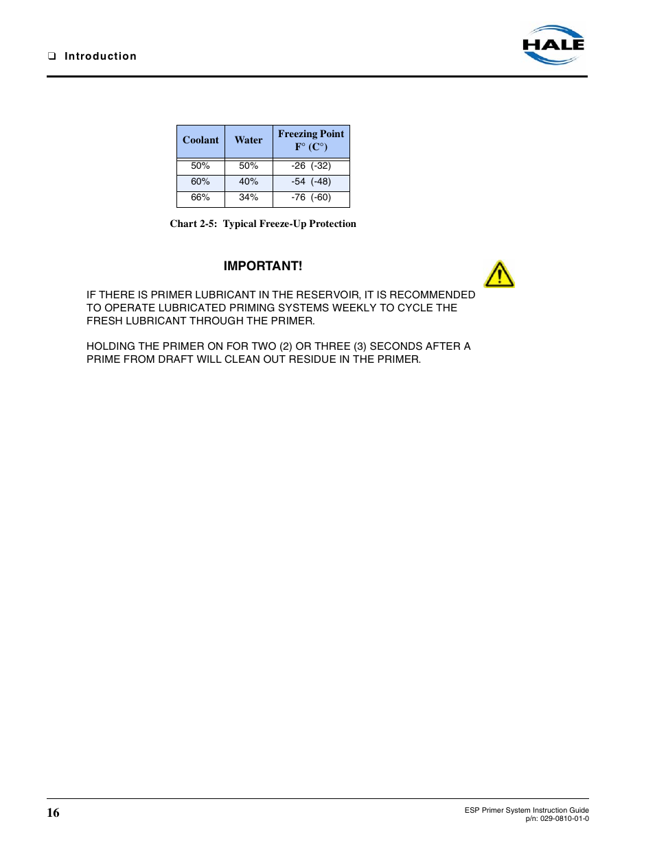 Chart 2-5: typical freeze-up protection, Chart 2-5, Typical freeze-up protection | Important | Hale ESP Priming System User Manual | Page 16 / 70