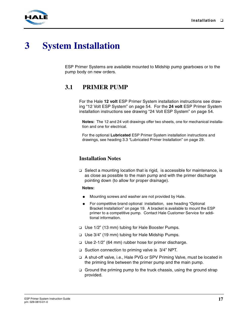 3 system installation, 1 primer pump, Installation notes | System installation, Primer pump, 3system installation | Hale ESP Priming System User Manual | Page 17 / 70