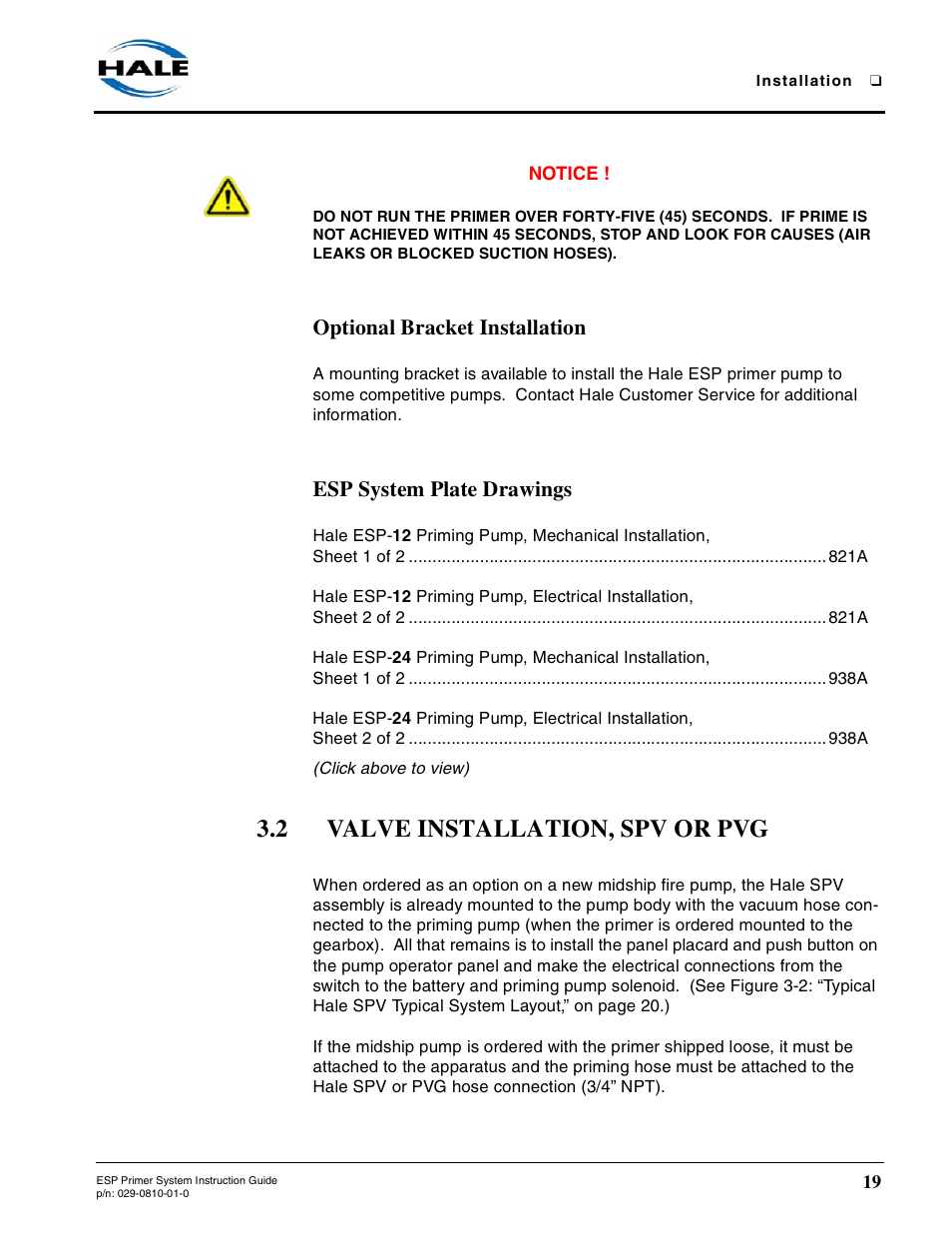 Optional bracket installation, Esp system plate drawings, 2 valve installation, spv or pvg | Valve installation, spv or pvg | Hale ESP Priming System User Manual | Page 19 / 70