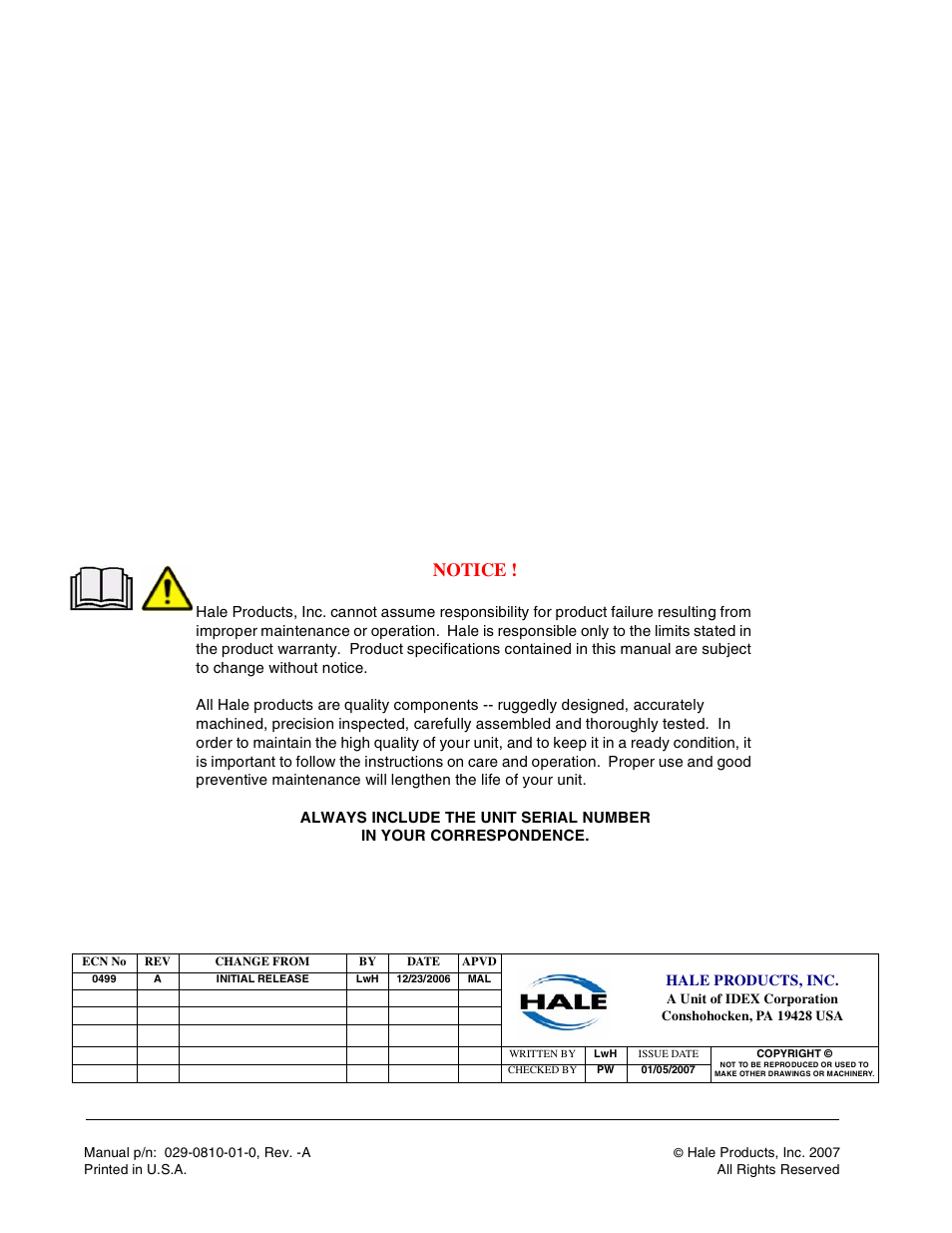 Notice | Hale ESP Priming System User Manual | Page 2 / 70