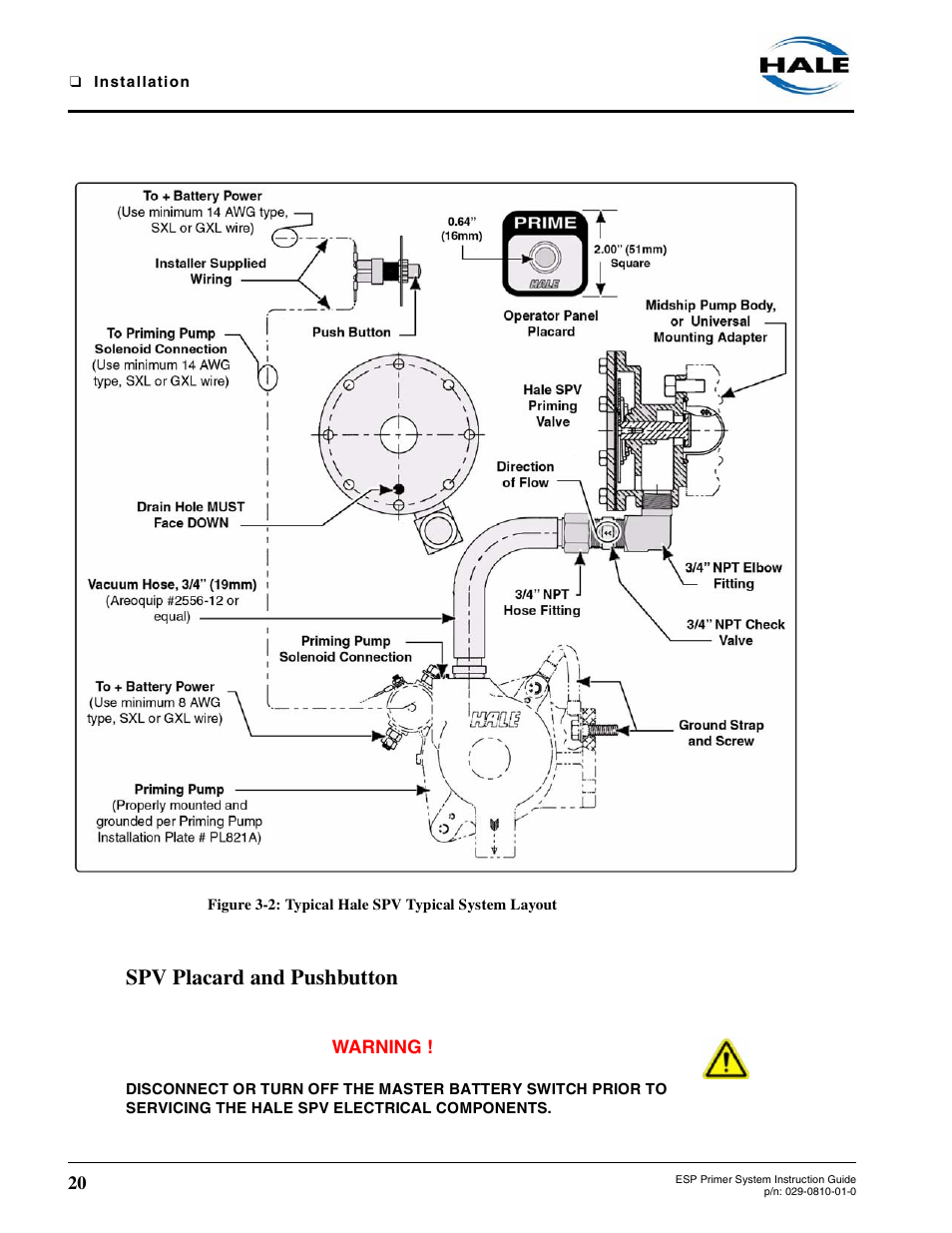 Figure 3-2: typical hale spv typical system layout, Spv placard and pushbutton, Figure 3-2 | Typical hale spv typical system layout, Warning | Hale ESP Priming System User Manual | Page 20 / 70