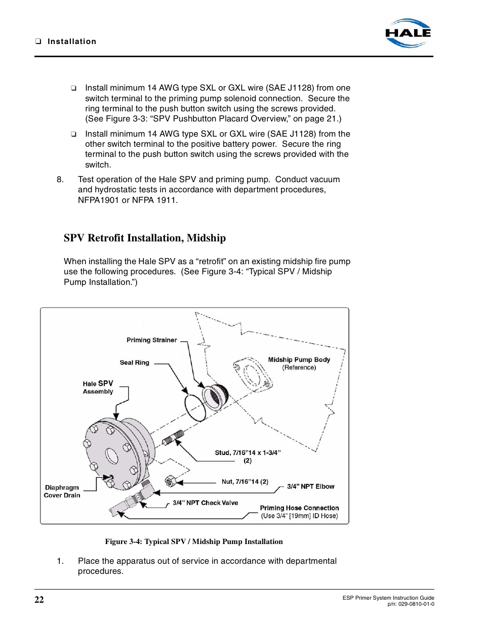 Spv retrofit installation, midship, Valve installation, spv or pvg - continued, Figure 3-4 | Typical spv / midship pump installation | Hale ESP Priming System User Manual | Page 22 / 70