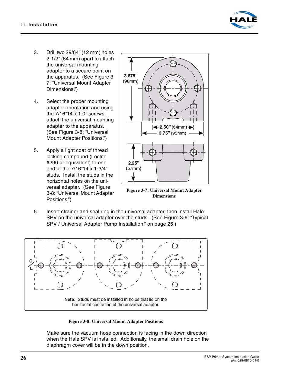 Figure 3-7: universal mount adapter dimensions, Figure 3-8: universal mount adapter positions, Figure 3-7 | Universal mount adapter dimensions, Figure 3-8, Universal mount adapter positions | Hale ESP Priming System User Manual | Page 26 / 70