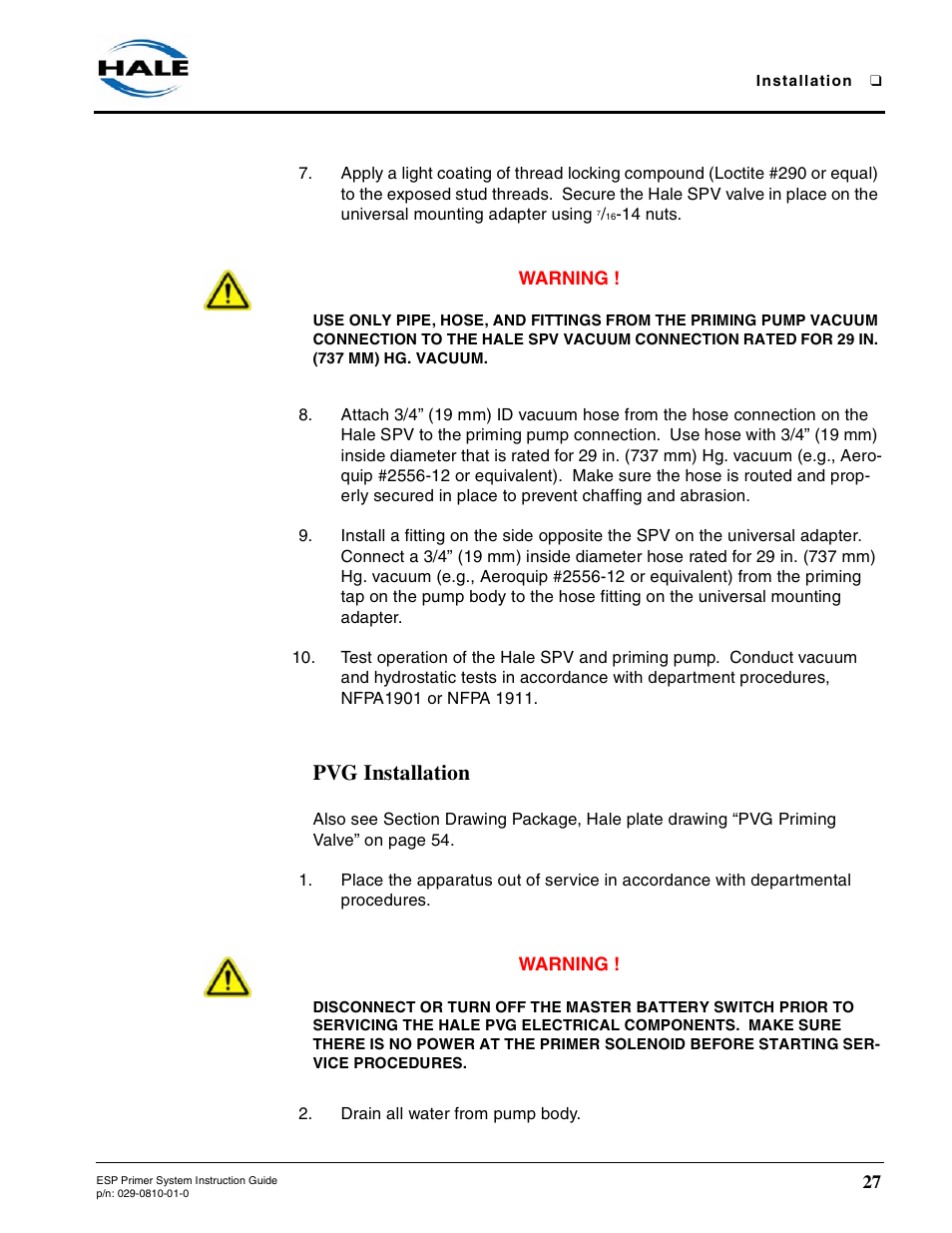 Pvg installation | Hale ESP Priming System User Manual | Page 27 / 70