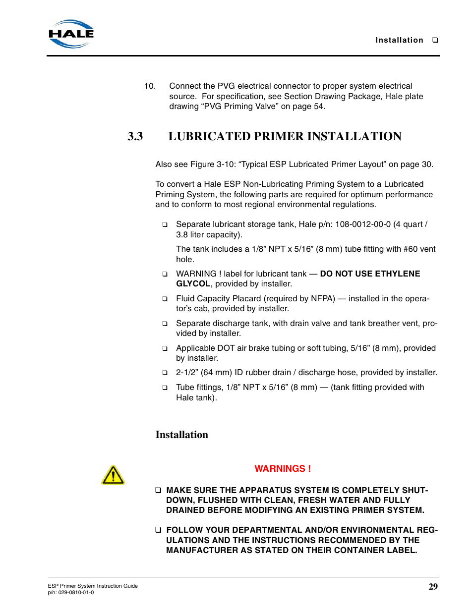3 lubricated primer installation, Installation, Lubricated primer installation | Hale ESP Priming System User Manual | Page 29 / 70
