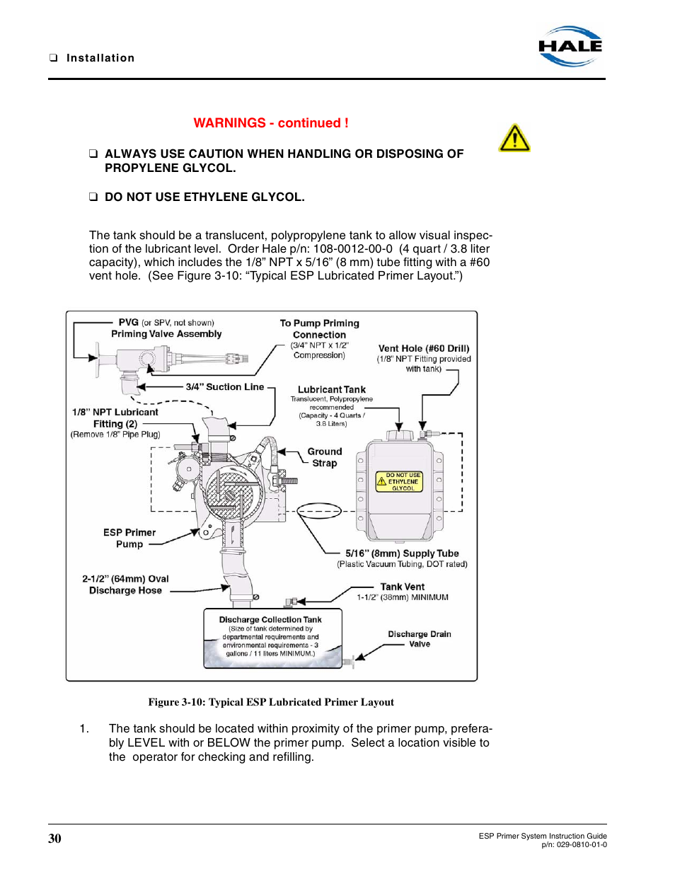 Figure 3-10: typical esp lubricated primer layout, Warnings - continued | Hale ESP Priming System User Manual | Page 30 / 70