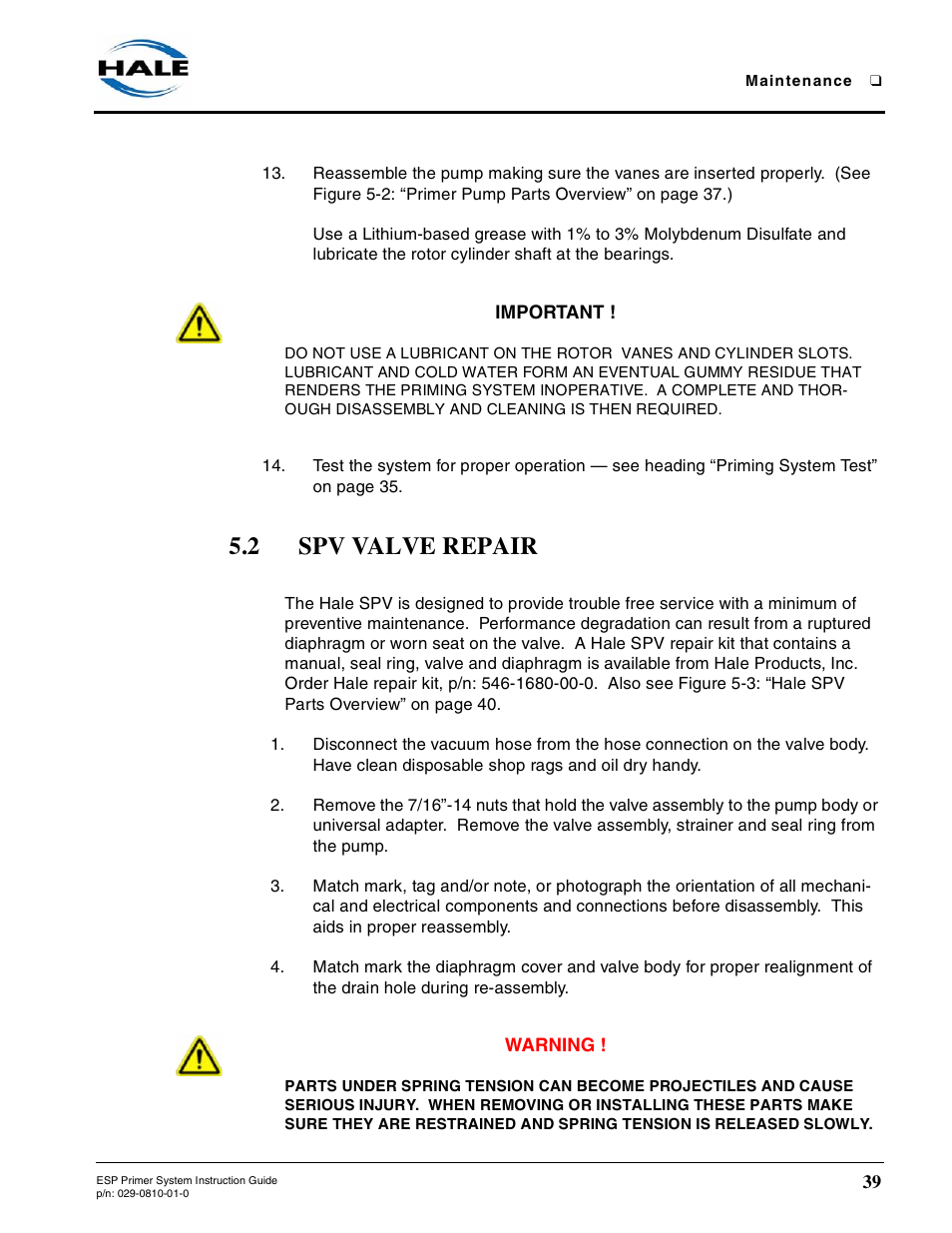 2 spv valve repair, Spv valve repair | Hale ESP Priming System User Manual | Page 39 / 70