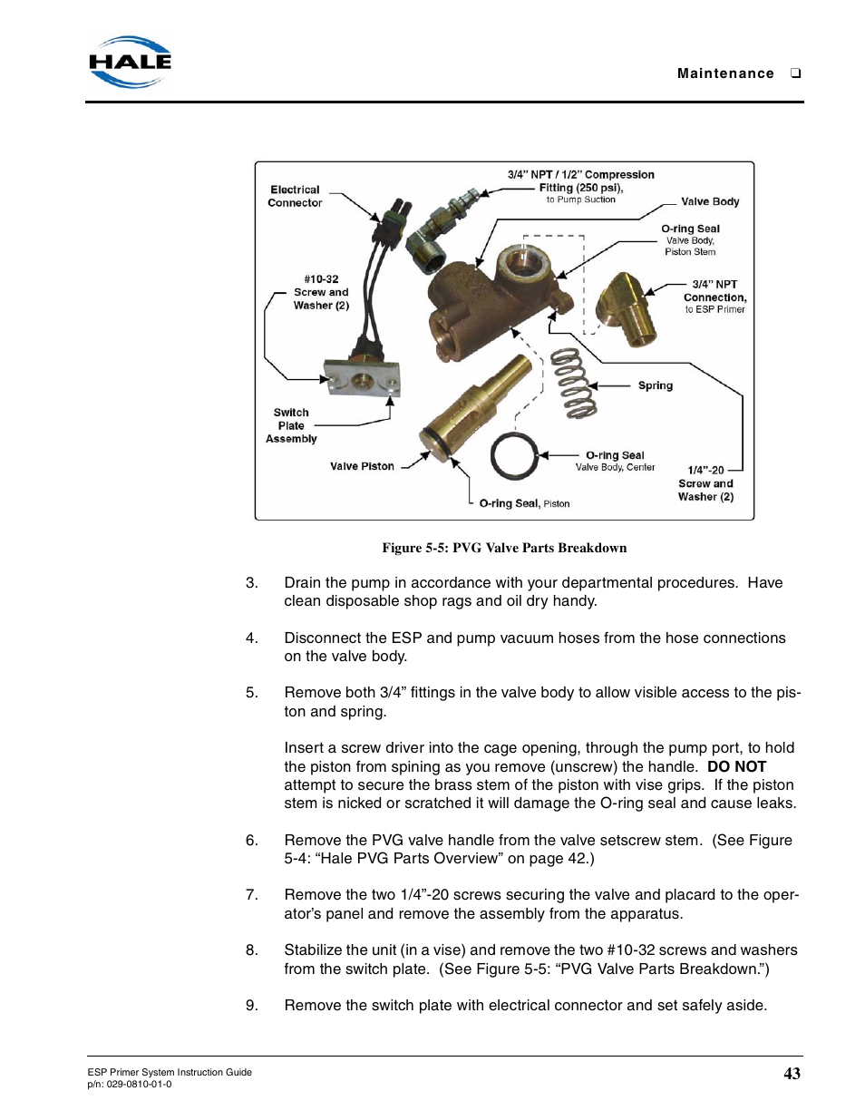 Figure 5-5: pvg valve parts breakdown, Figure 5-5, Pvg valve parts breakdown | Hale ESP Priming System User Manual | Page 43 / 70