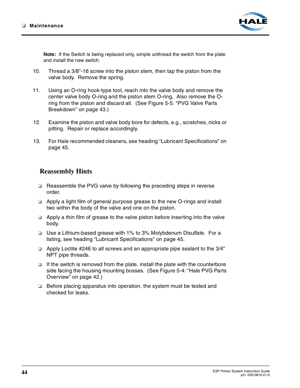 Reassembly hints | Hale ESP Priming System User Manual | Page 44 / 70