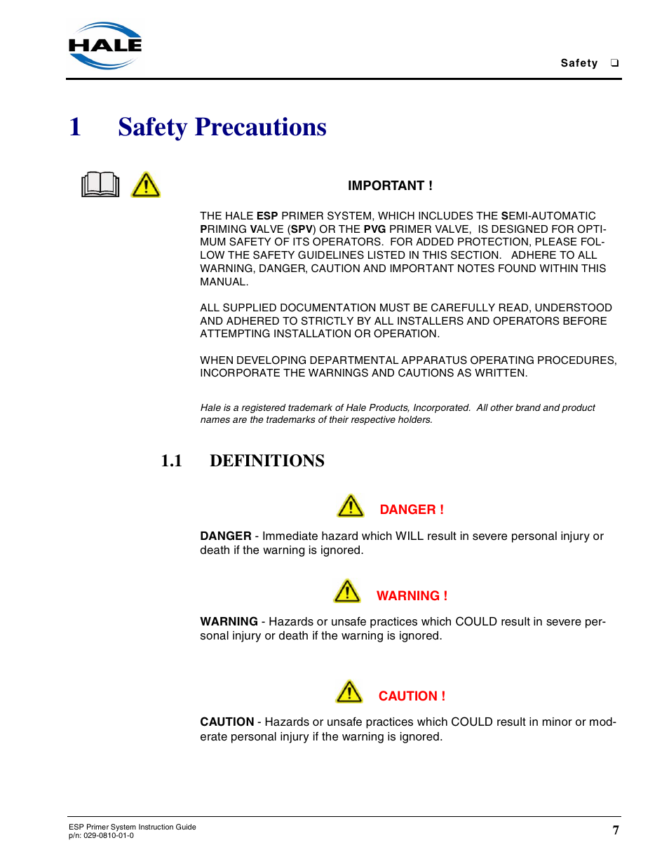 1 safety precautions, 1 definitions, Safety precautions | Definitions, 1safety precautions | Hale ESP Priming System User Manual | Page 7 / 70