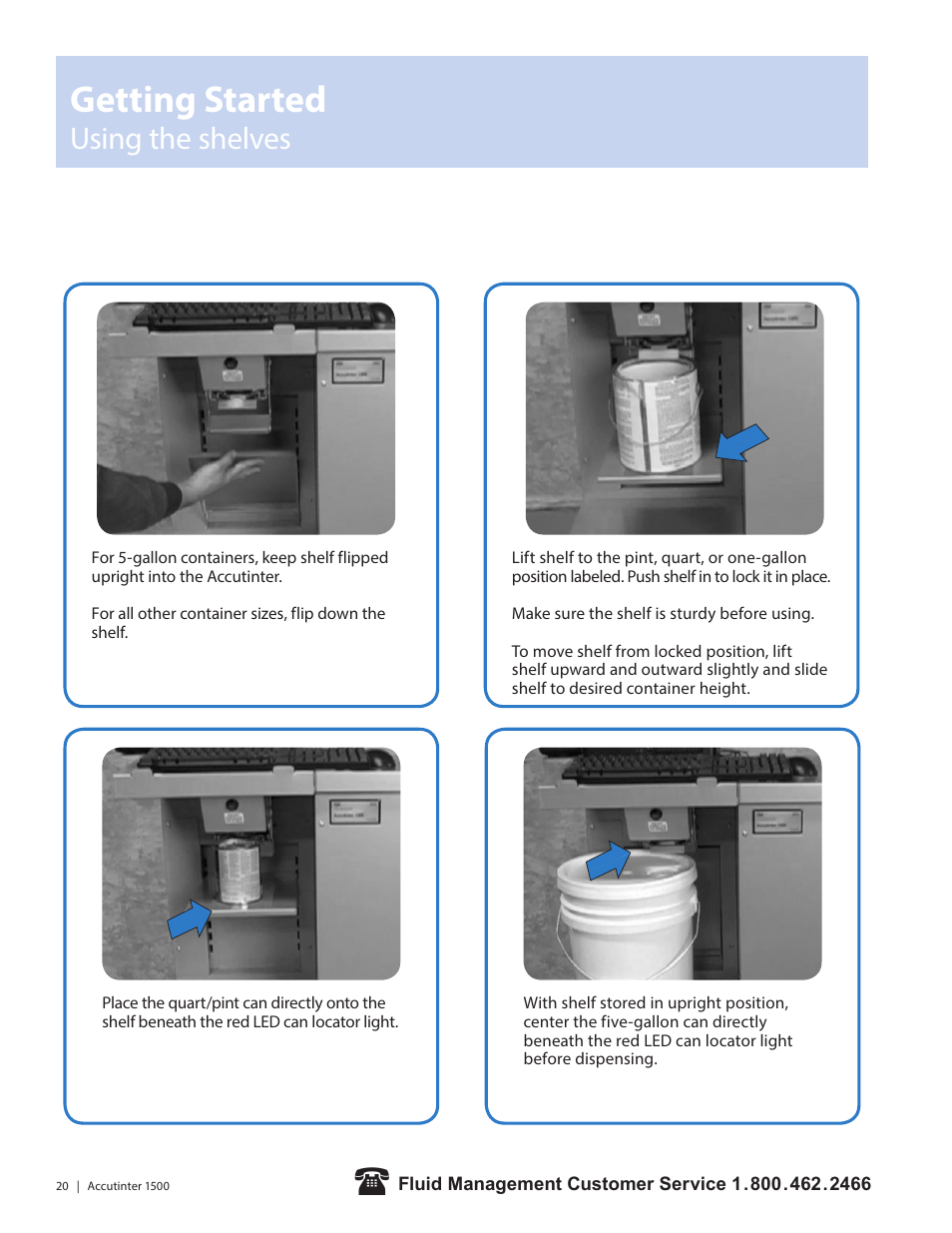 Getting started, Using the shelves | Fluid Management 1500HS Accutinter User Manual | Page 22 / 44