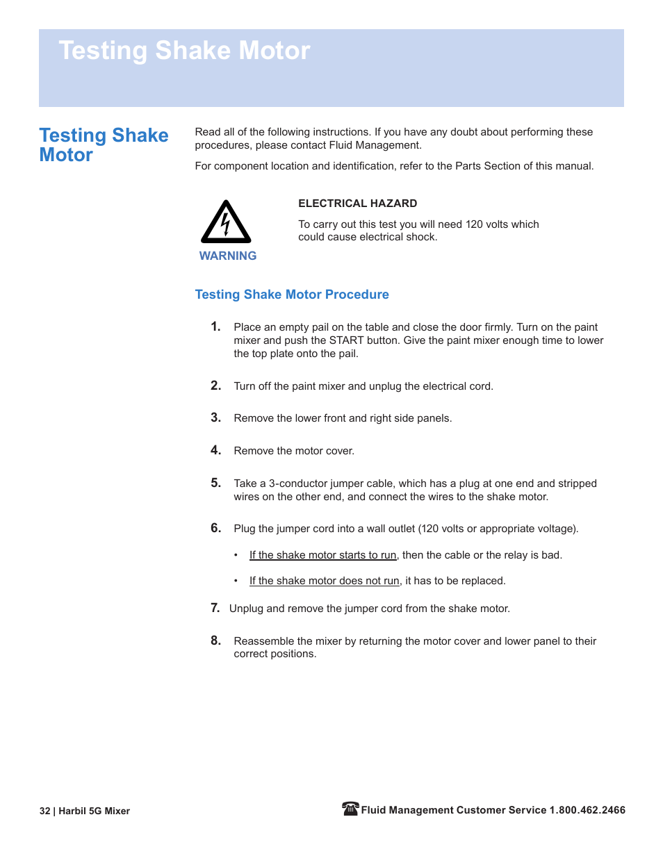 Testing shake motor | Fluid Management 5G-HD Harbil 5-Gallon Shaker User Manual | Page 34 / 81