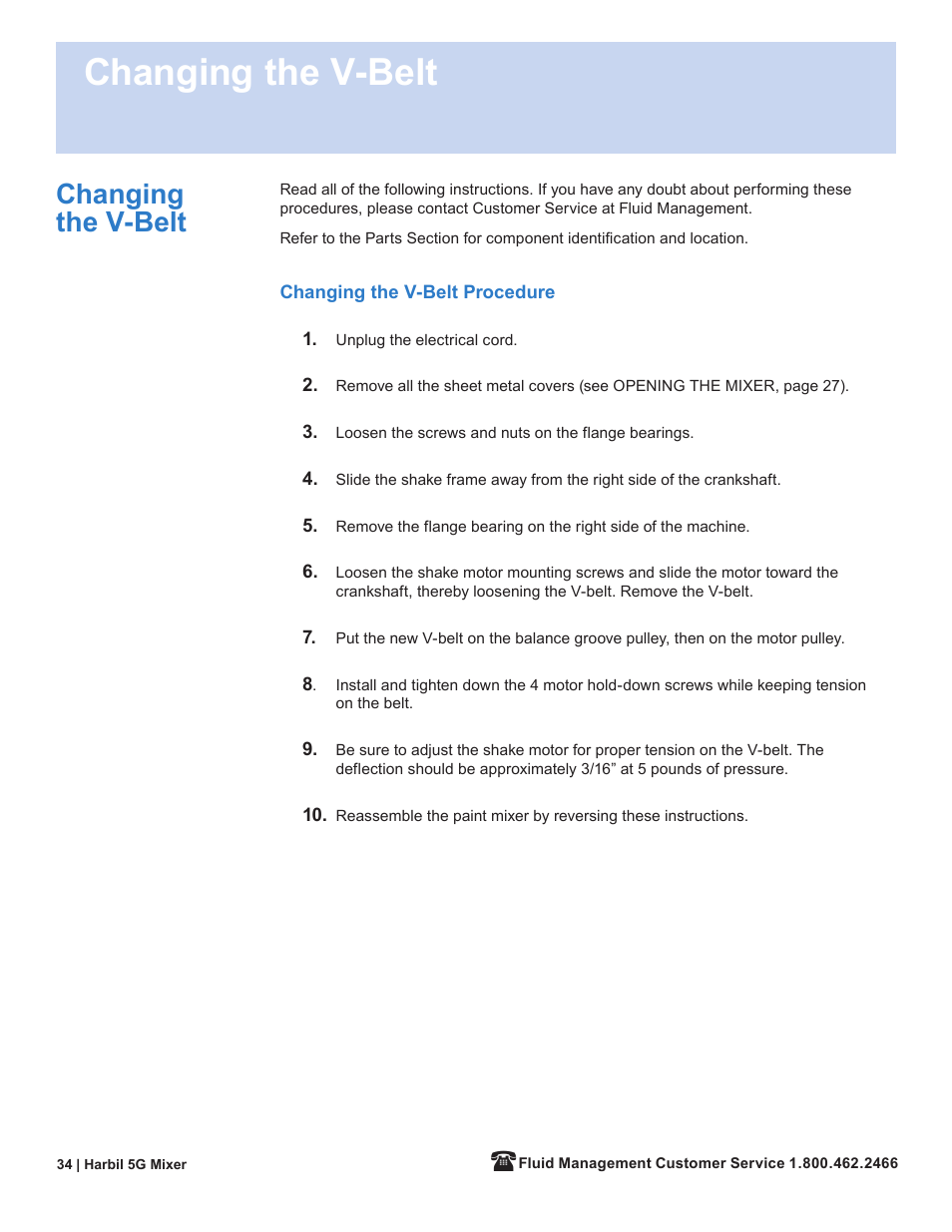 Changing the v-belt | Fluid Management 5G-HD Harbil 5-Gallon Shaker User Manual | Page 36 / 81