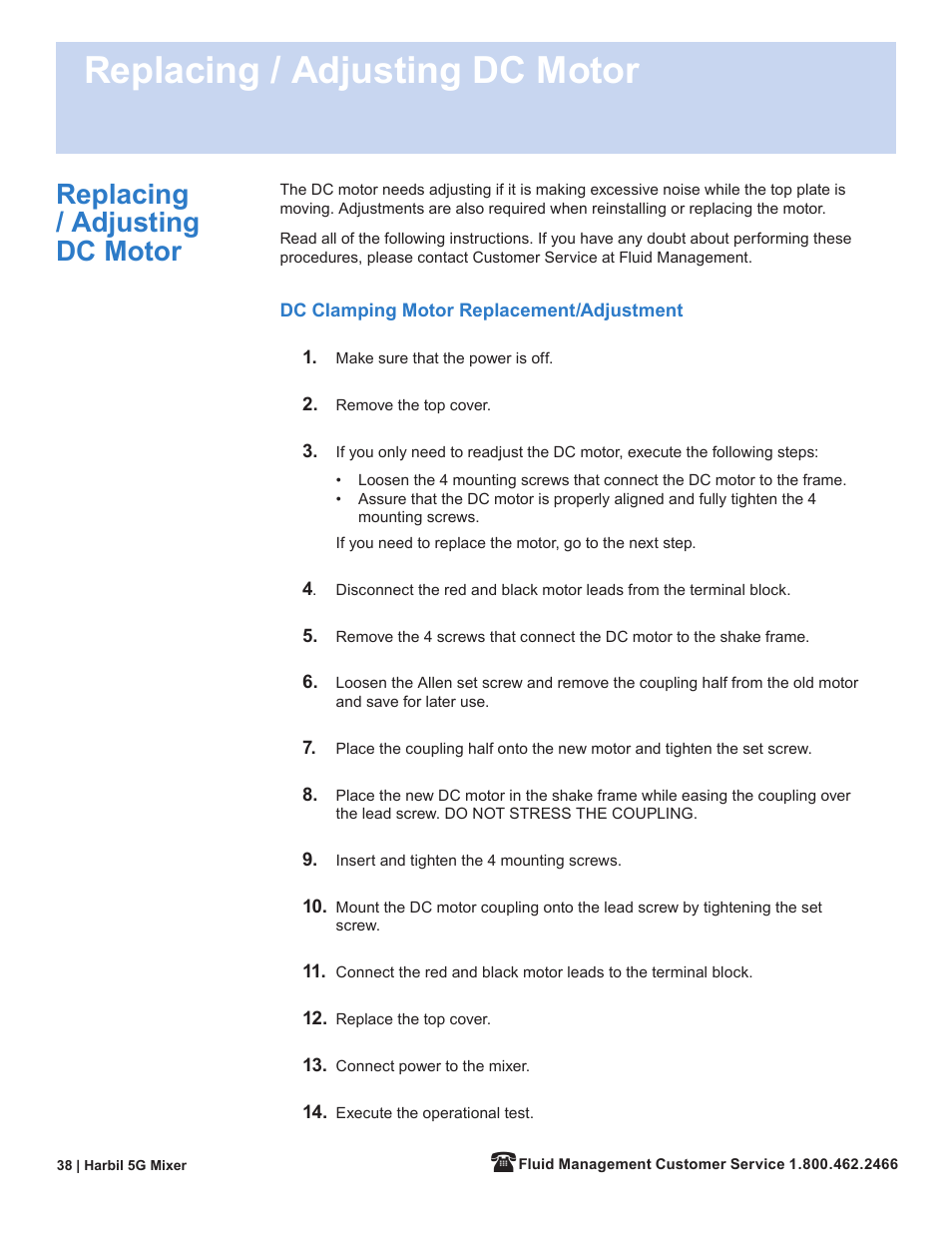Replacing / adjusting dc motor | Fluid Management 5G-HD Harbil 5-Gallon Shaker User Manual | Page 40 / 81